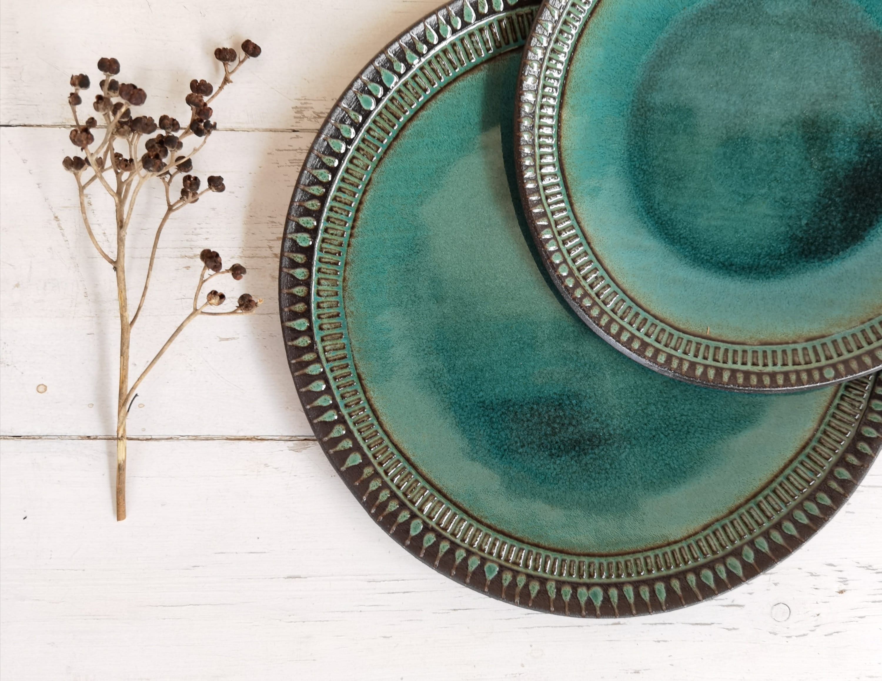 Handmade Ceramic Dinnerware Set: Turquoise Glaze, Rustic Pottery (Set of 3)