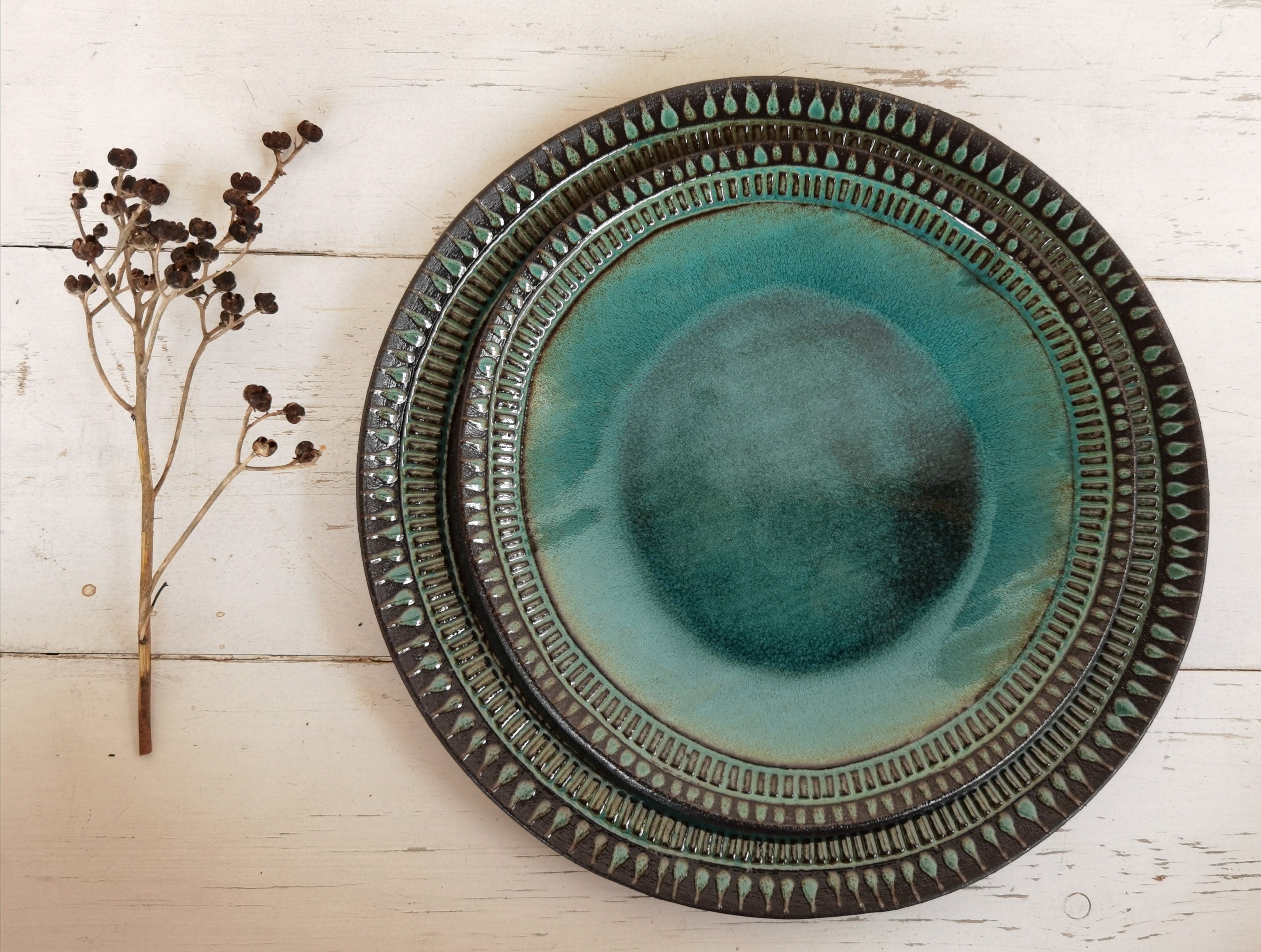 Handmade Ceramic Dinnerware Set: Turquoise Glaze, Rustic Pottery (Set of 3)