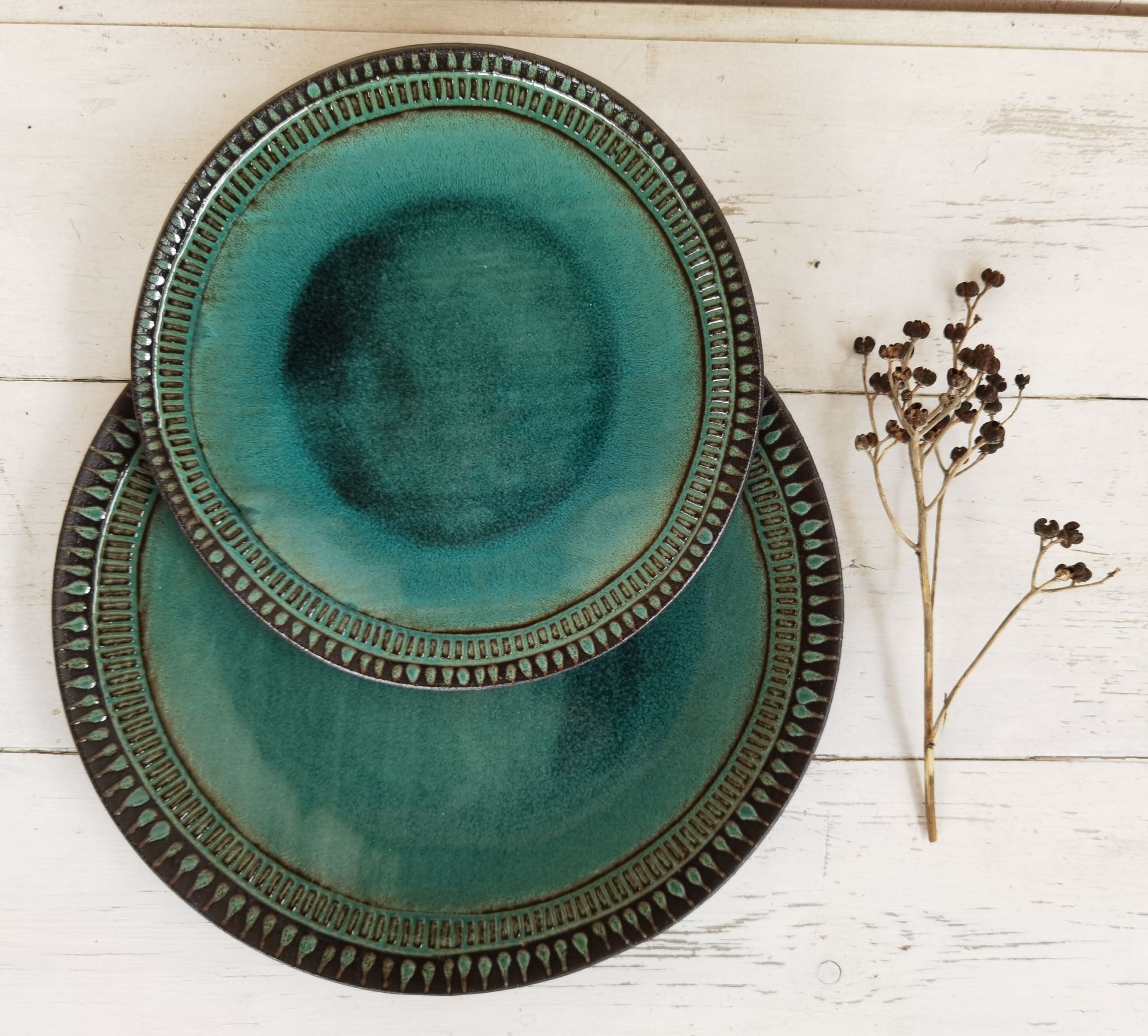 Handmade Ceramic Dinnerware Set: Turquoise Glaze, Rustic Pottery (Set of 3)