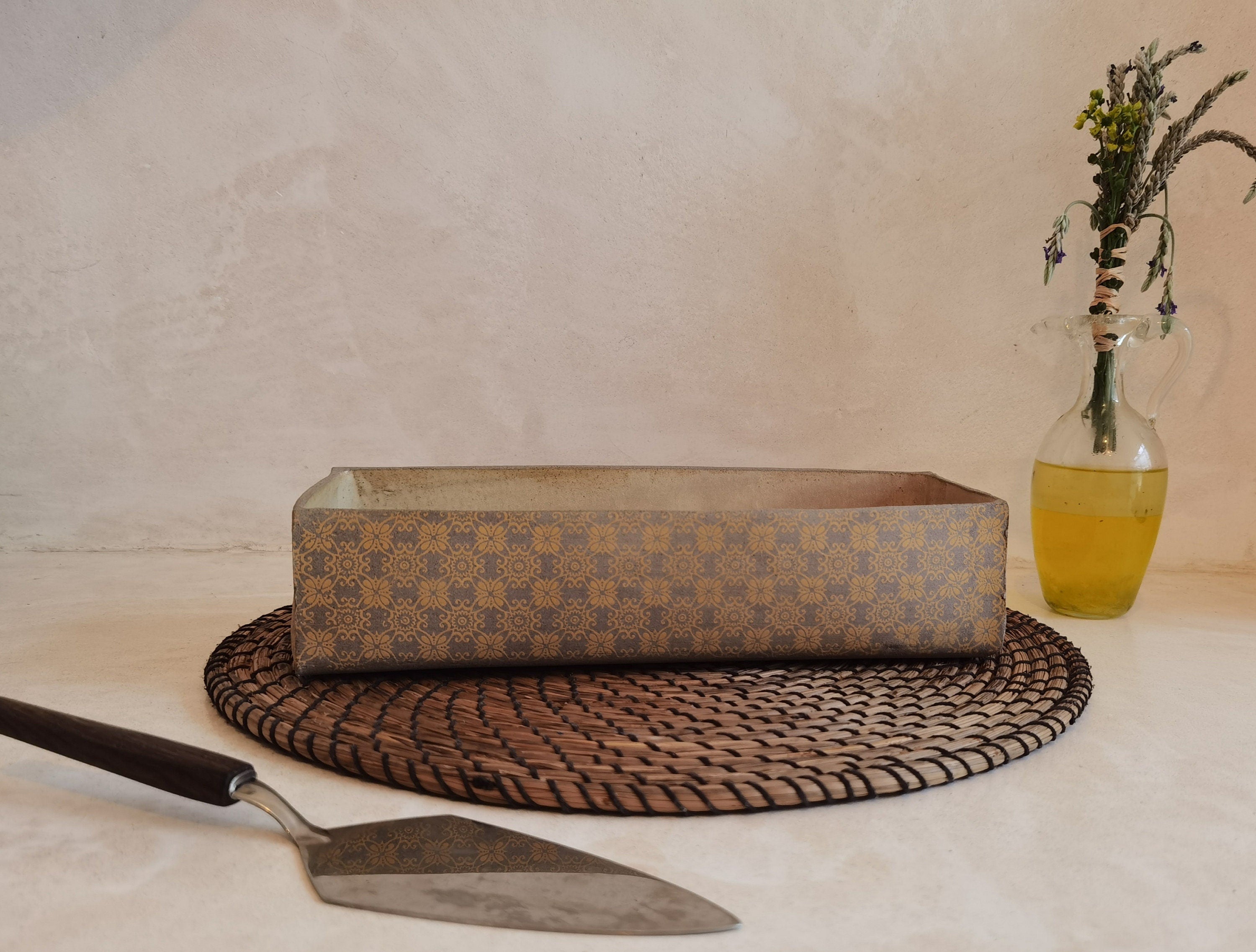 Handmade Ceramic Baking Dish, Rustic Yellow Print Pottery Serving Dish