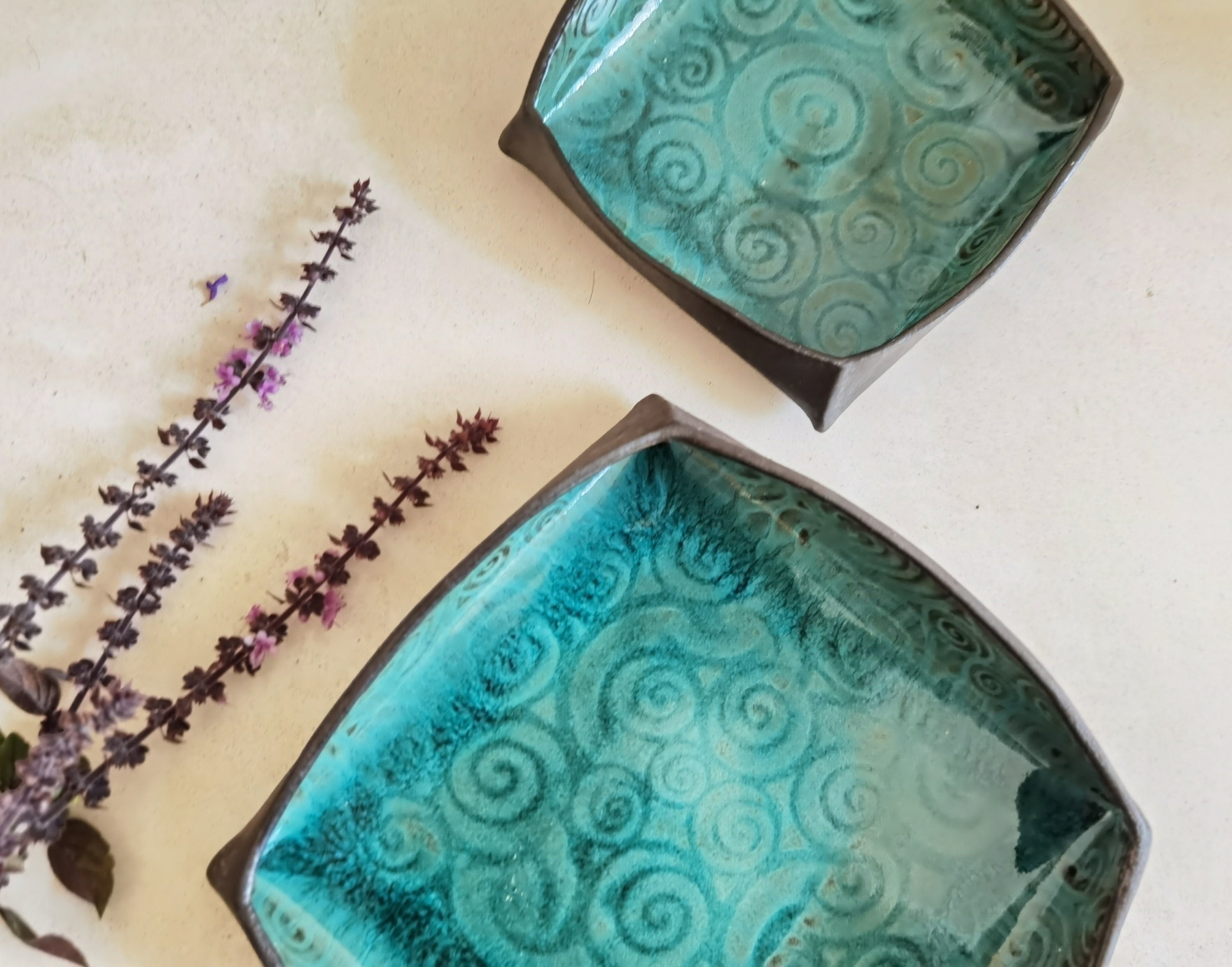 Handmade Ceramic Serving Dish Set: Turquoise Pottery Trays