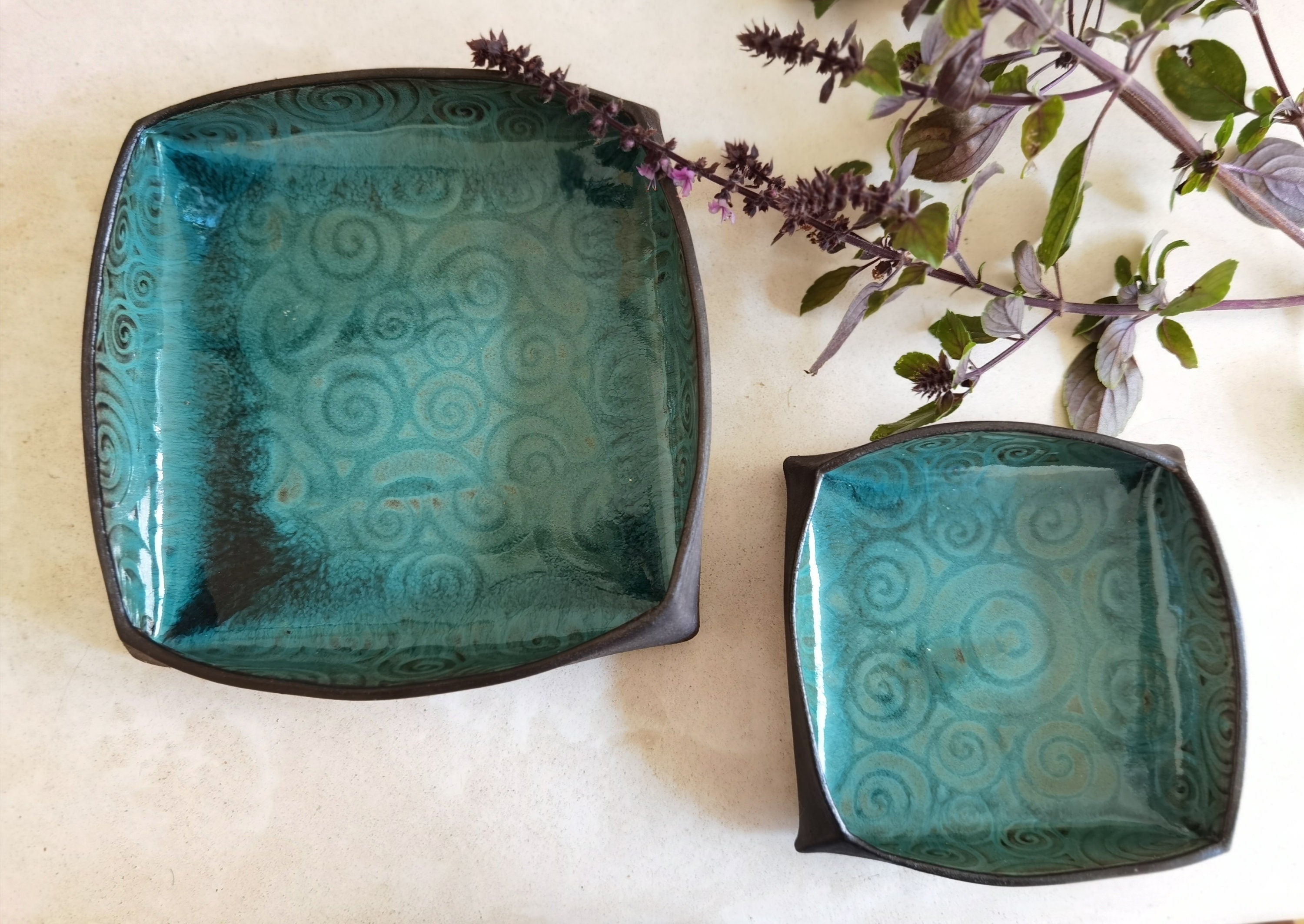 Handmade Ceramic Serving Dish Set: Turquoise Pottery Trays