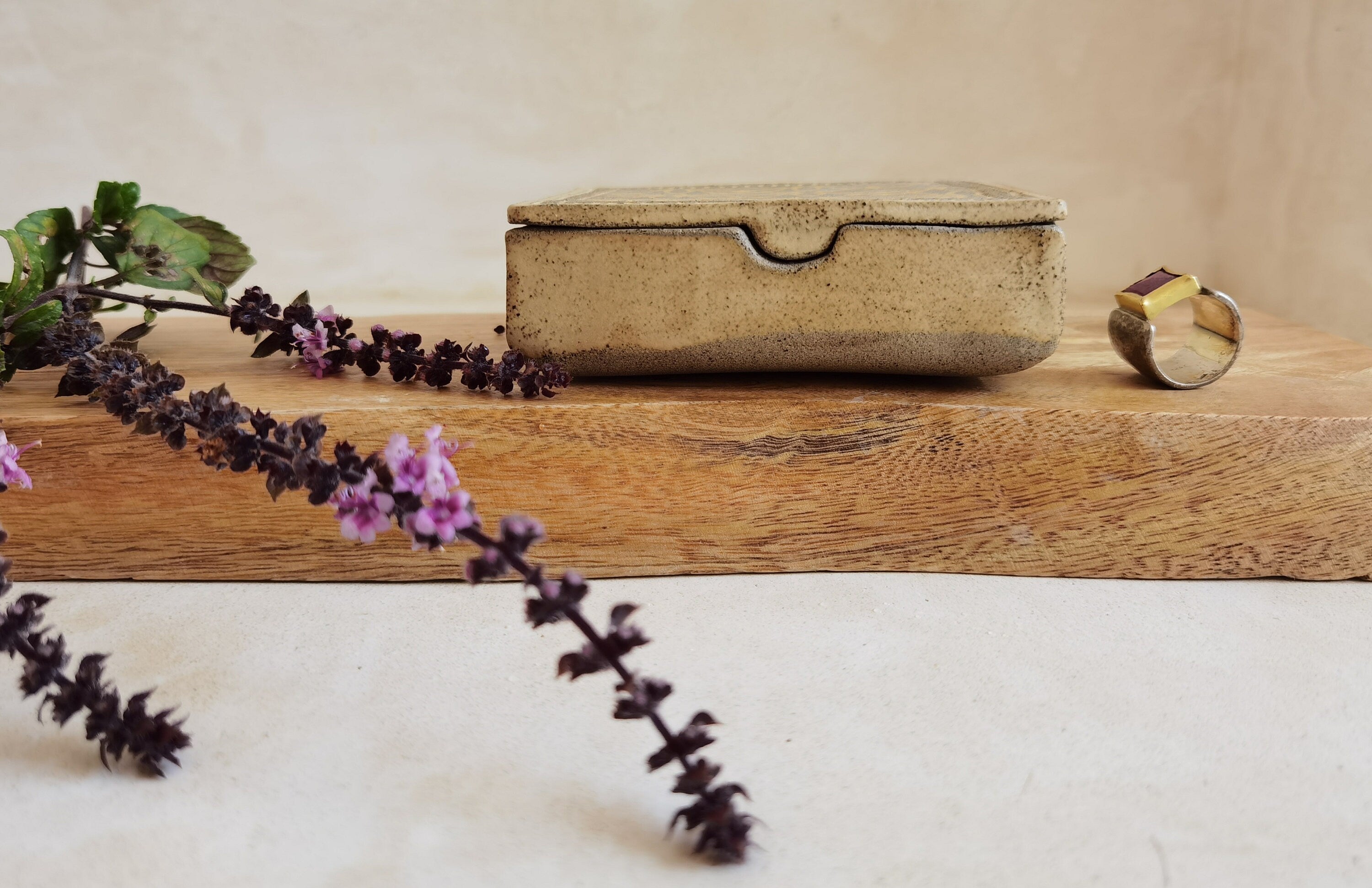Square Ceramic Jewelry Box: Yellow Print, Beige Glaze, Three Cells