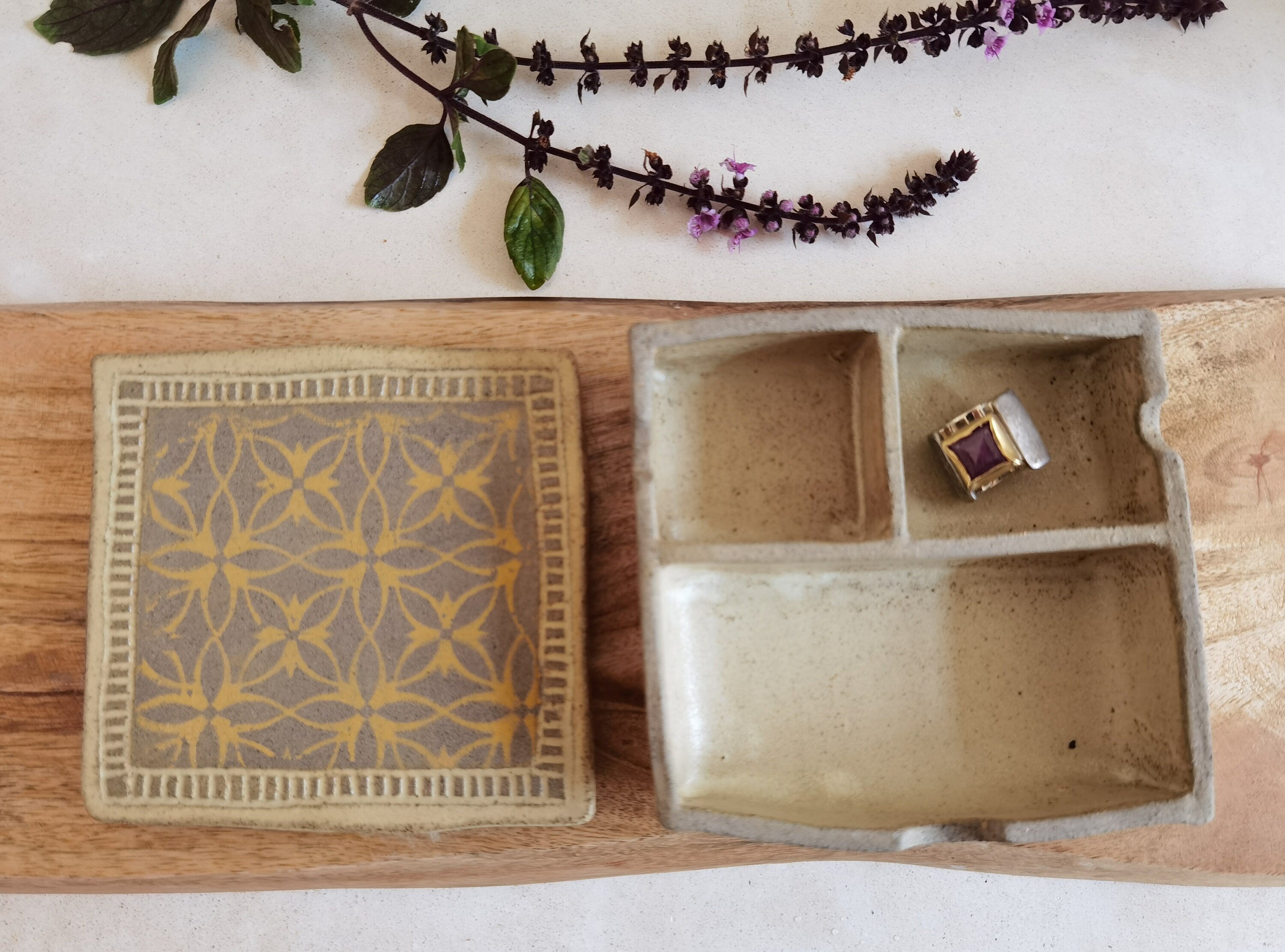 Square Ceramic Jewelry Box: Yellow Print, Beige Glaze, Three Cells