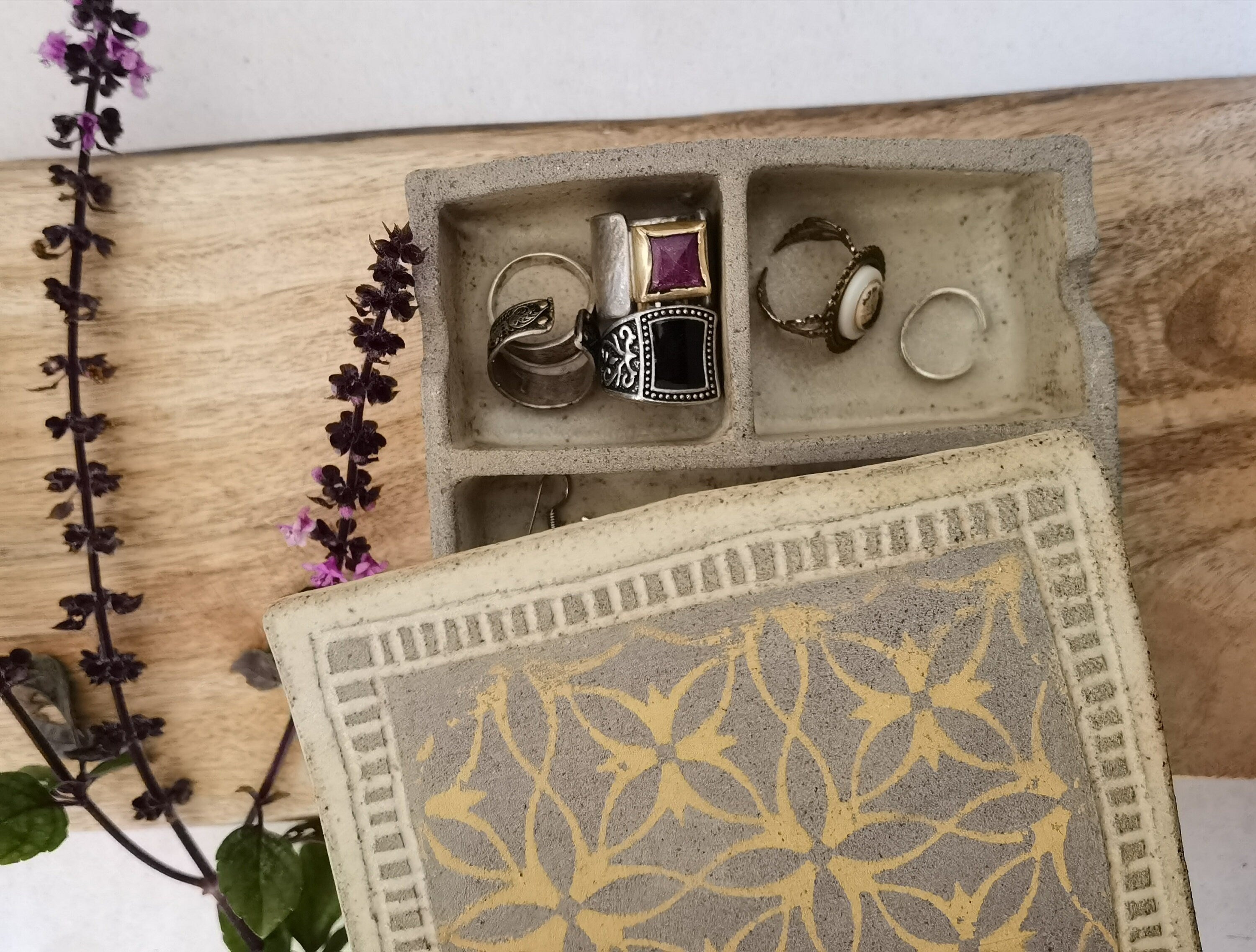Square Ceramic Jewelry Box: Yellow Print, Beige Glaze, Three Cells