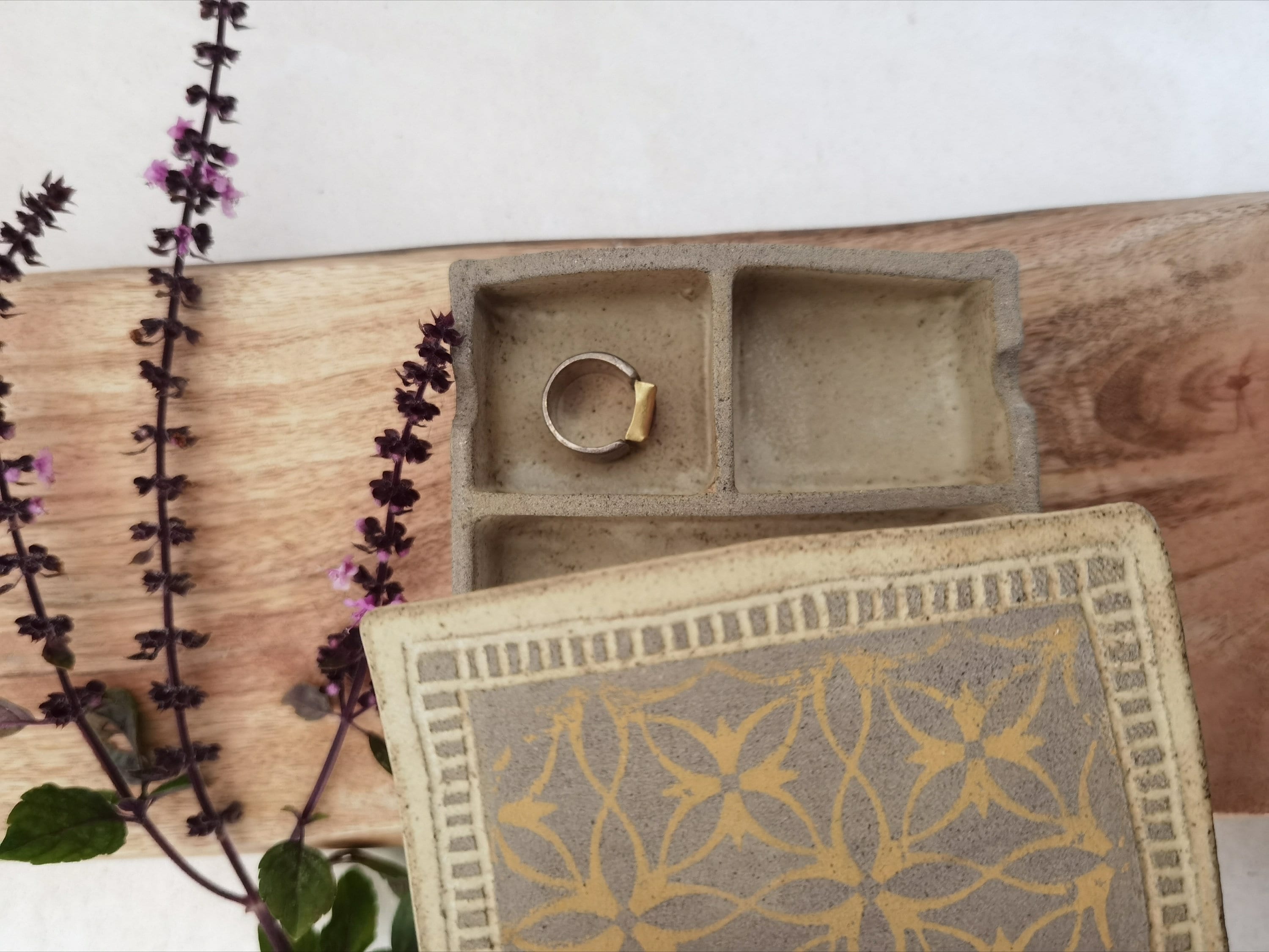 Square Ceramic Jewelry Box: Yellow Print, Beige Glaze, Three Cells