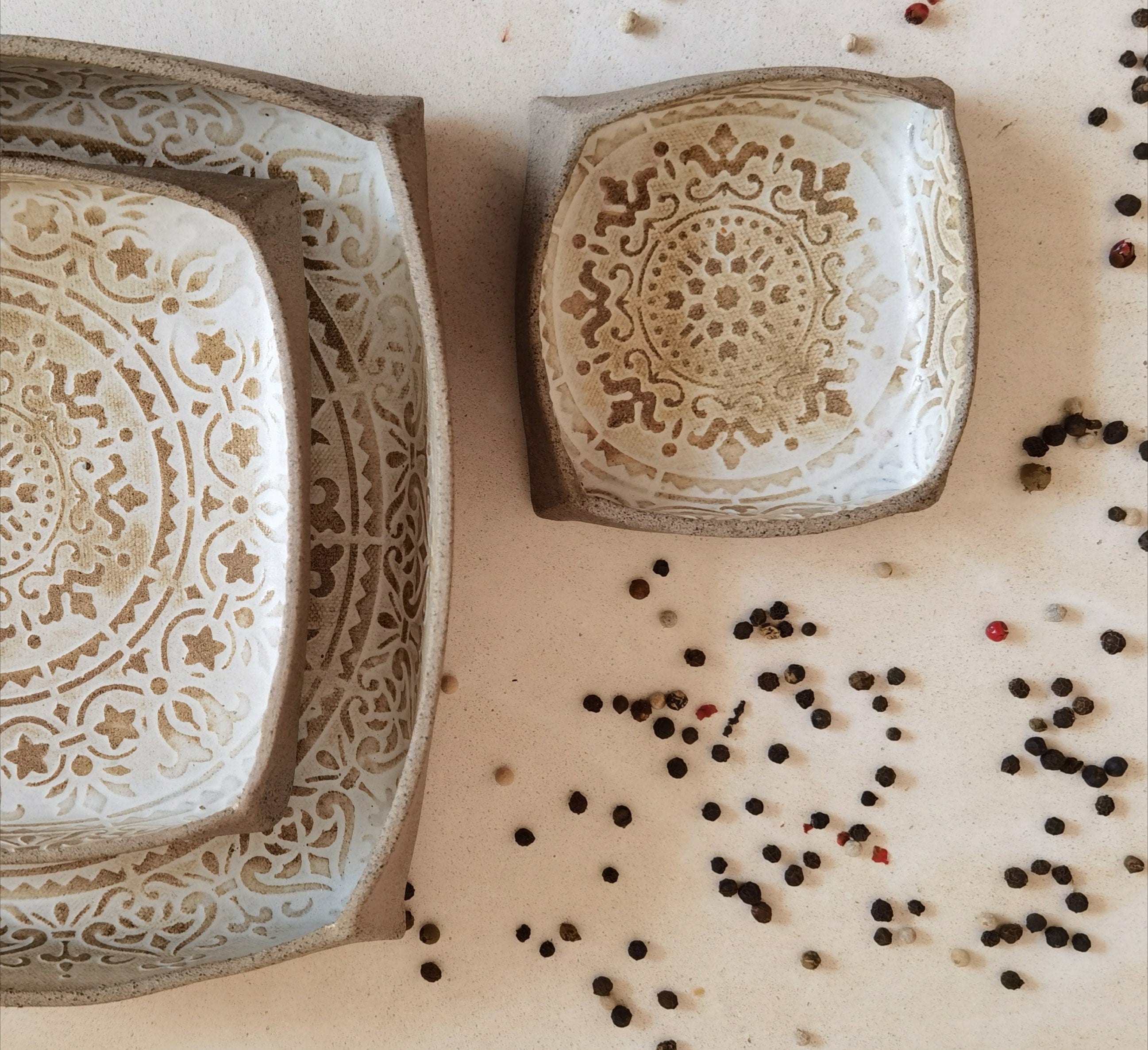 Set of 3 Handmade Ceramic Serving Dishes: Mandala Pottery Trays