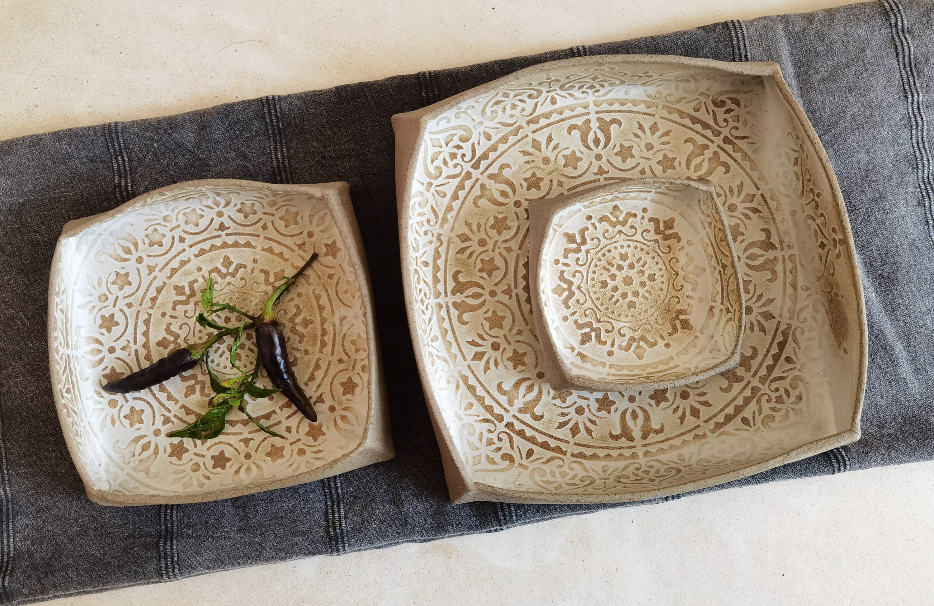 Set of 3 Handmade Ceramic Serving Dishes: Mandala Pottery Trays