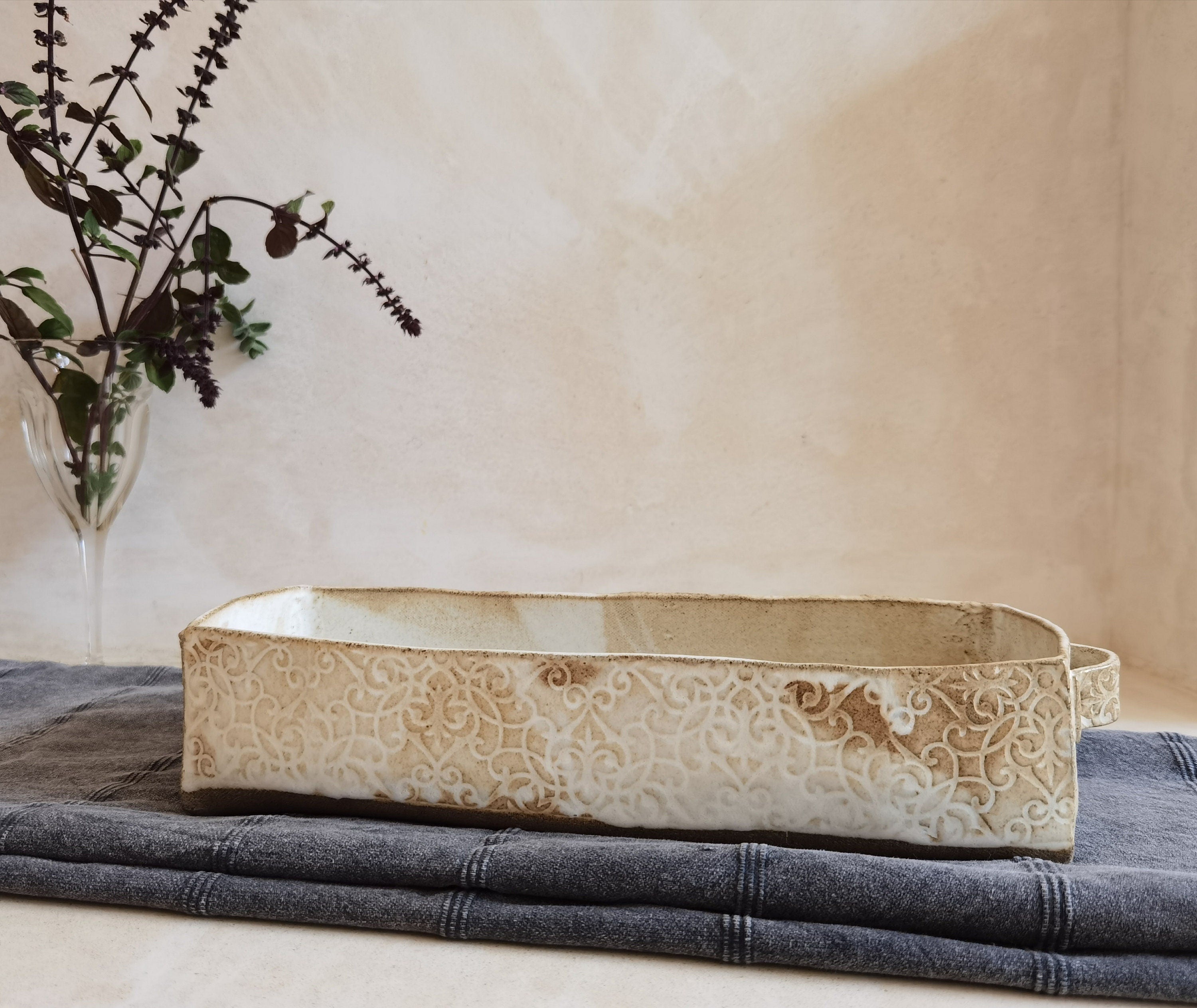 Handmade Ceramic Baking Dish: White Pottery Cookware with Print