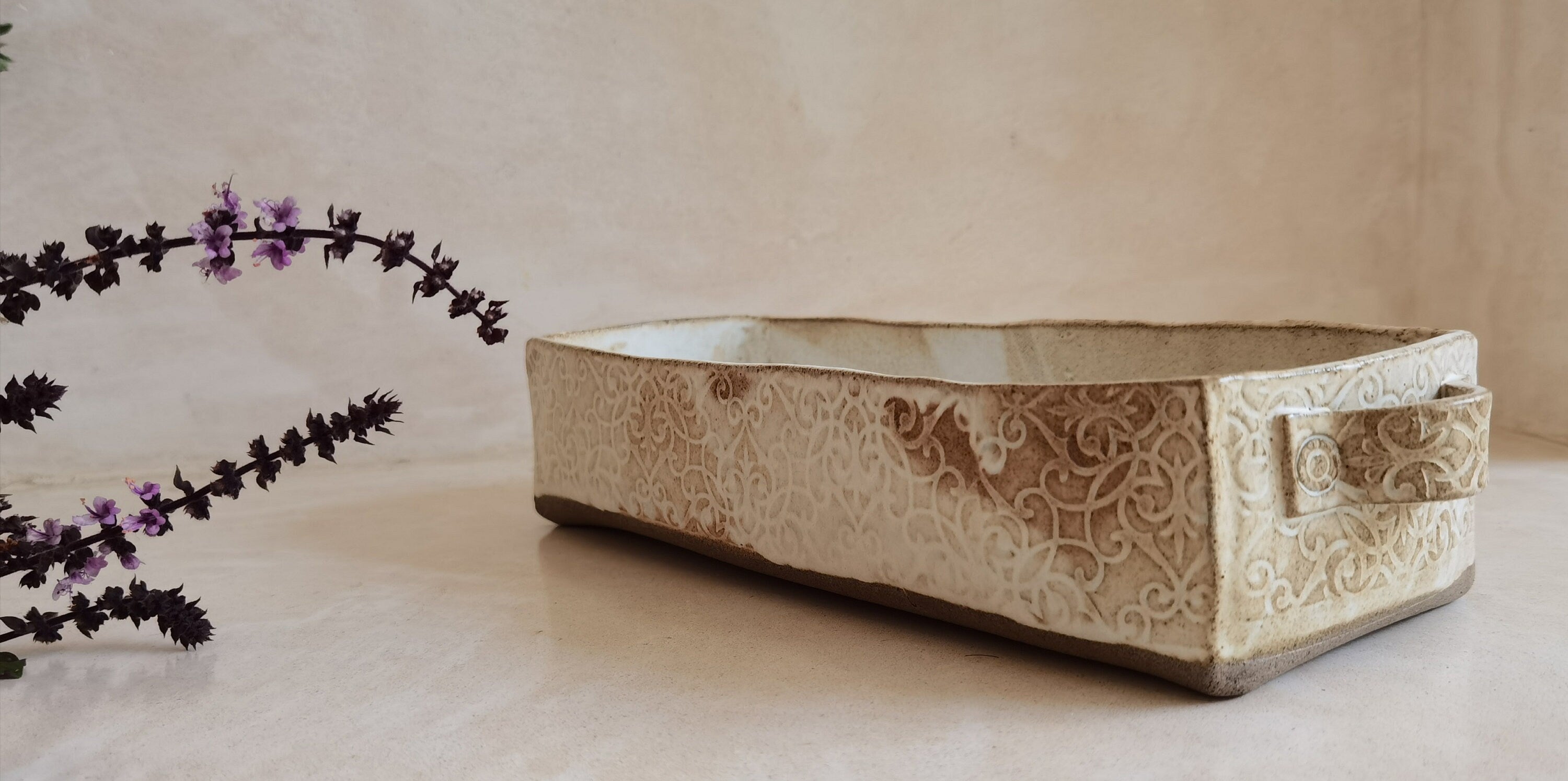 Handmade Ceramic Baking Dish: White Pottery Cookware with Print