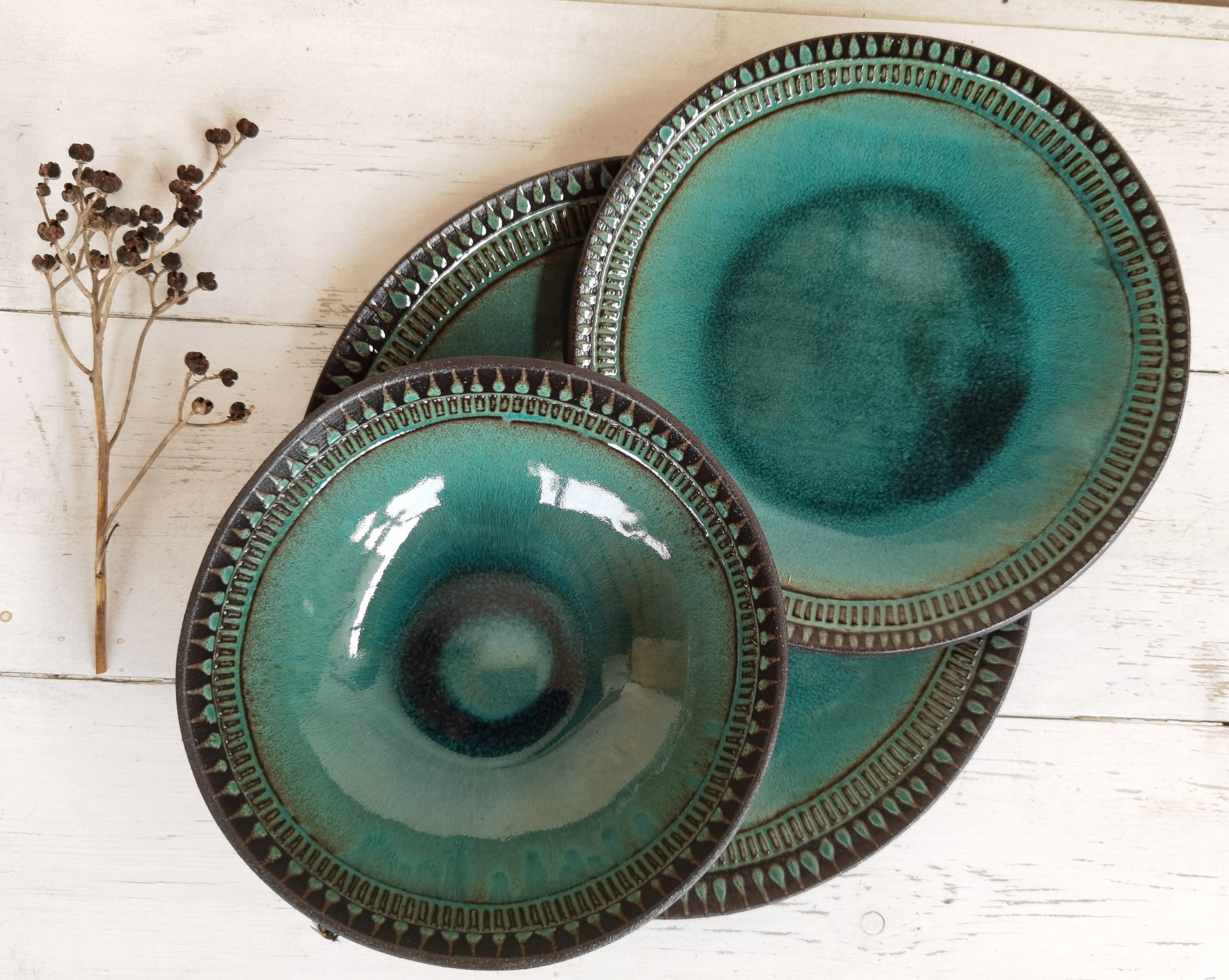 Handmade Ceramic Dinnerware Set: Turquoise Glaze, Rustic Pottery (Set of 3)