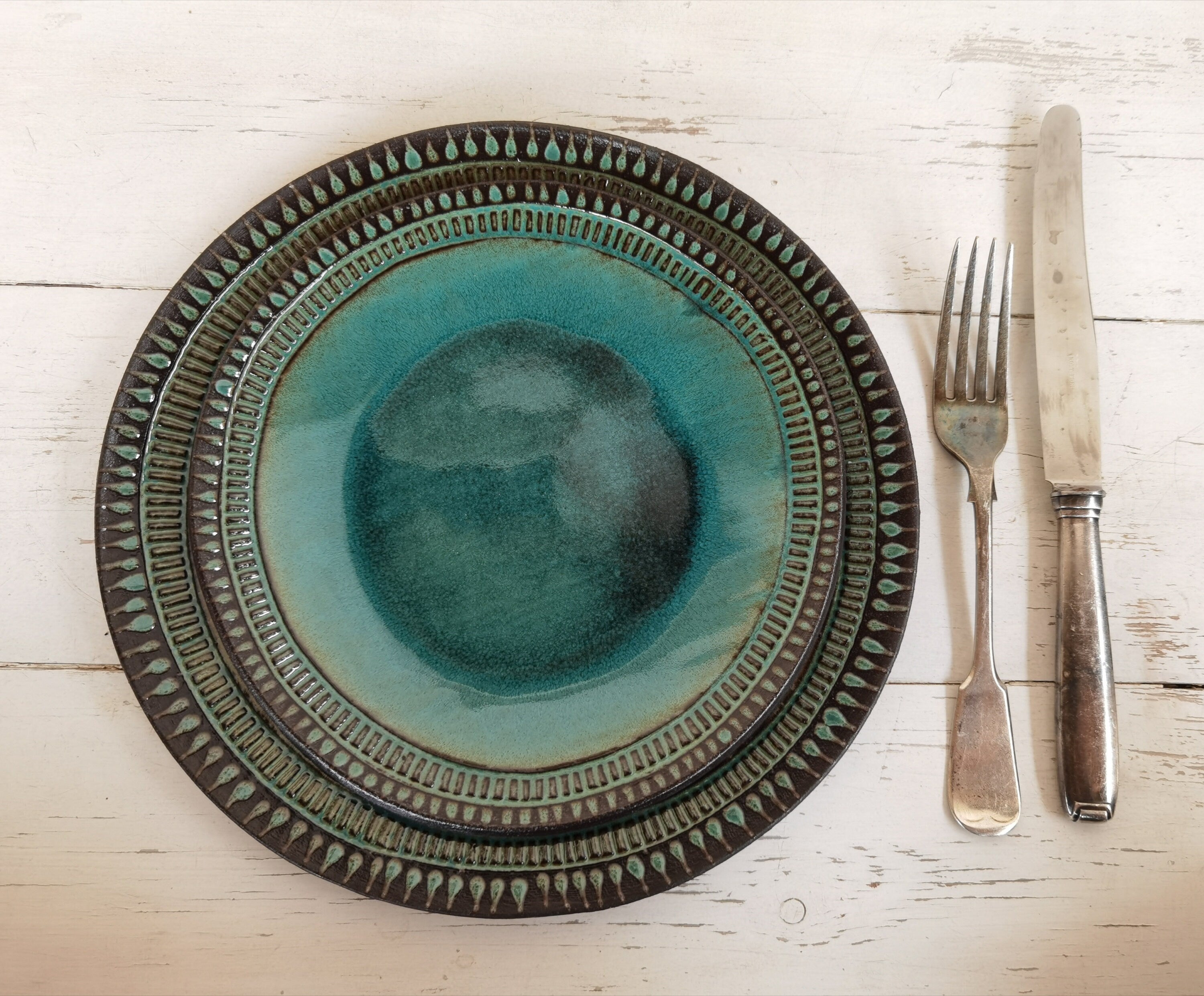 Handmade Ceramic Dinnerware Set: Turquoise Glaze, Rustic Pottery (Set of 3)