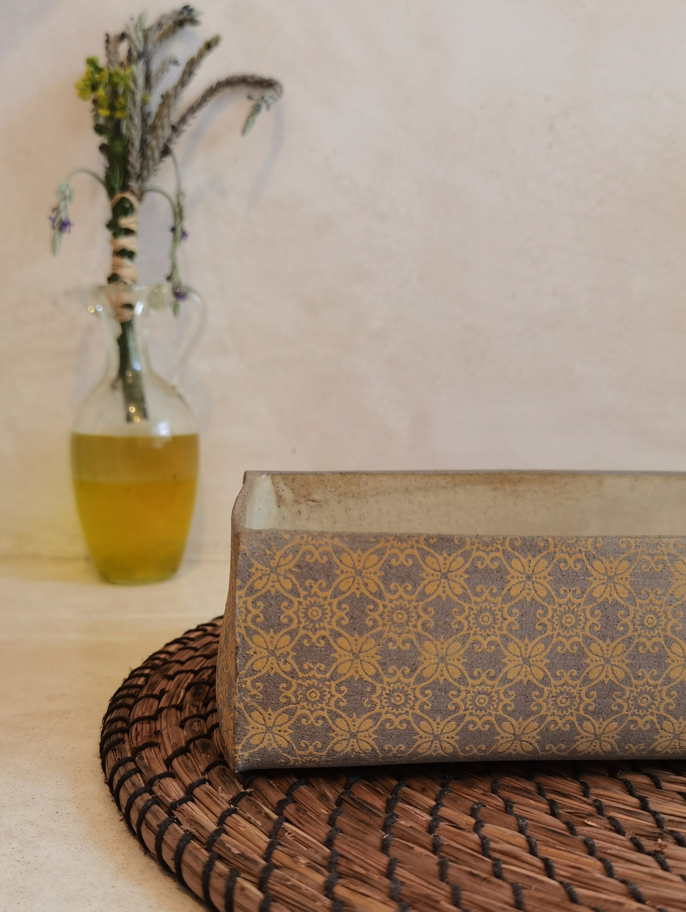 Handmade Ceramic Baking Dish, Rustic Yellow Print Pottery Serving Dish