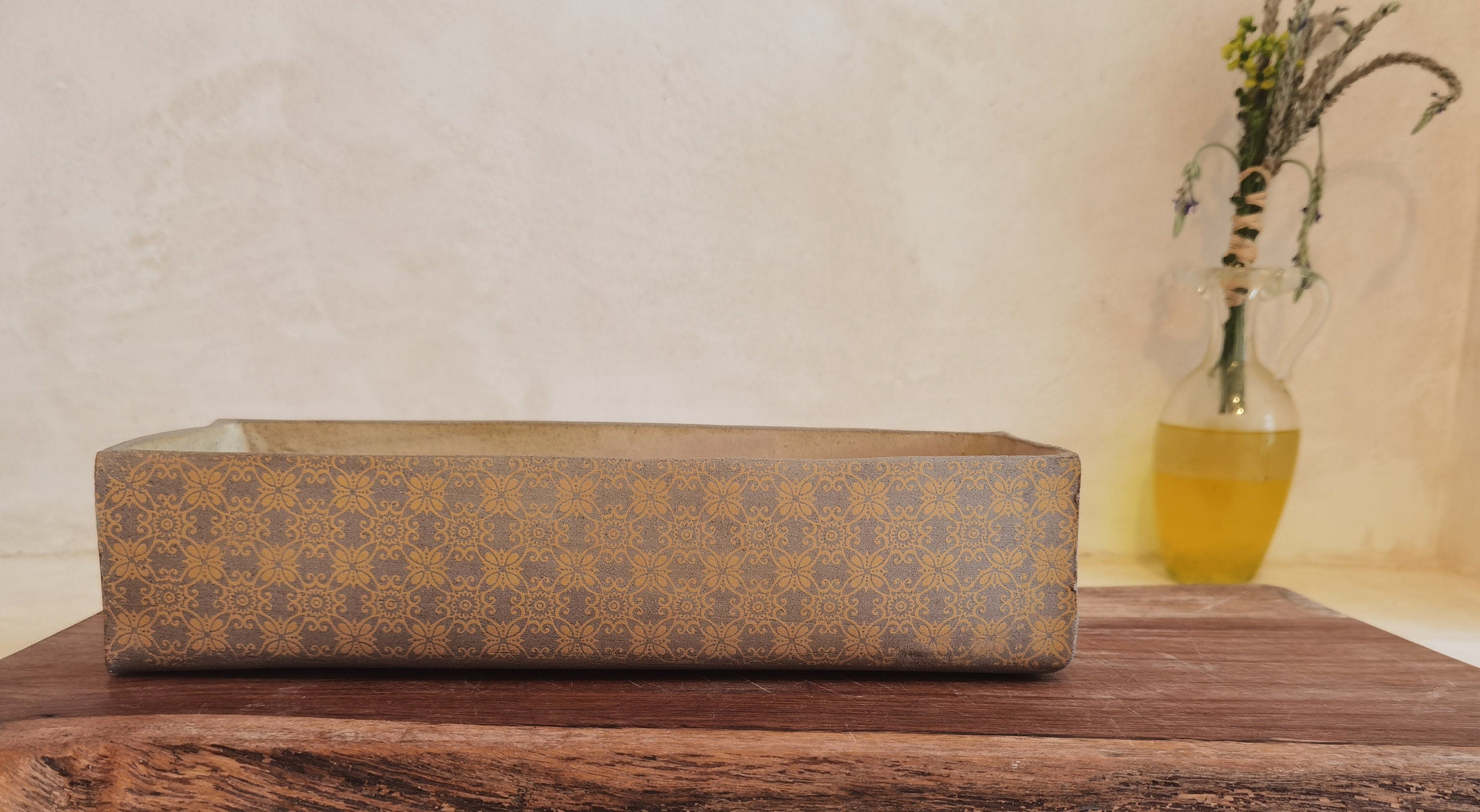 Handmade Ceramic Baking Dish, Rustic Yellow Print Pottery Serving Dish