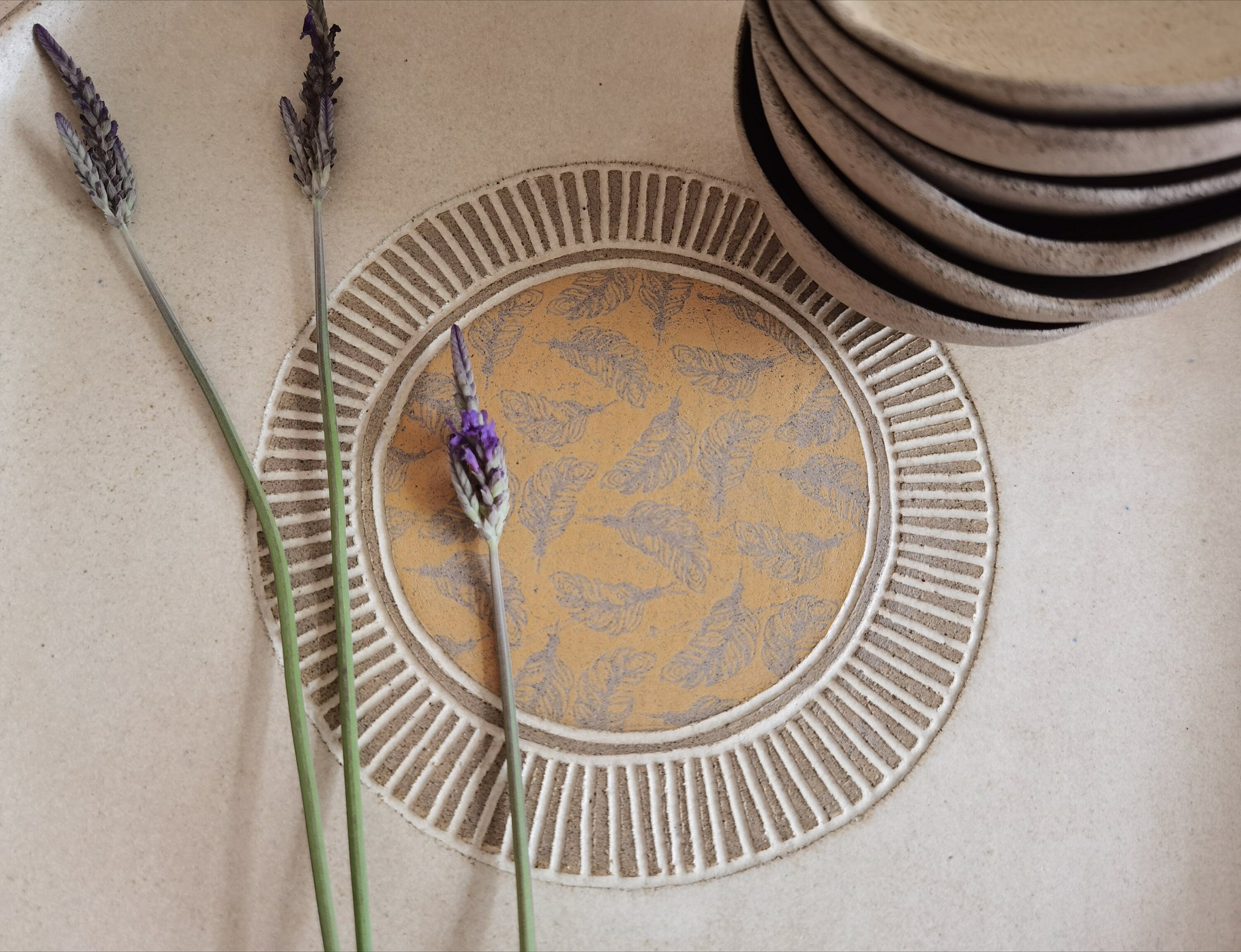 XL Round Passover Plate with 6 Small Bowls | Beige glazed with feathers yellow prints.