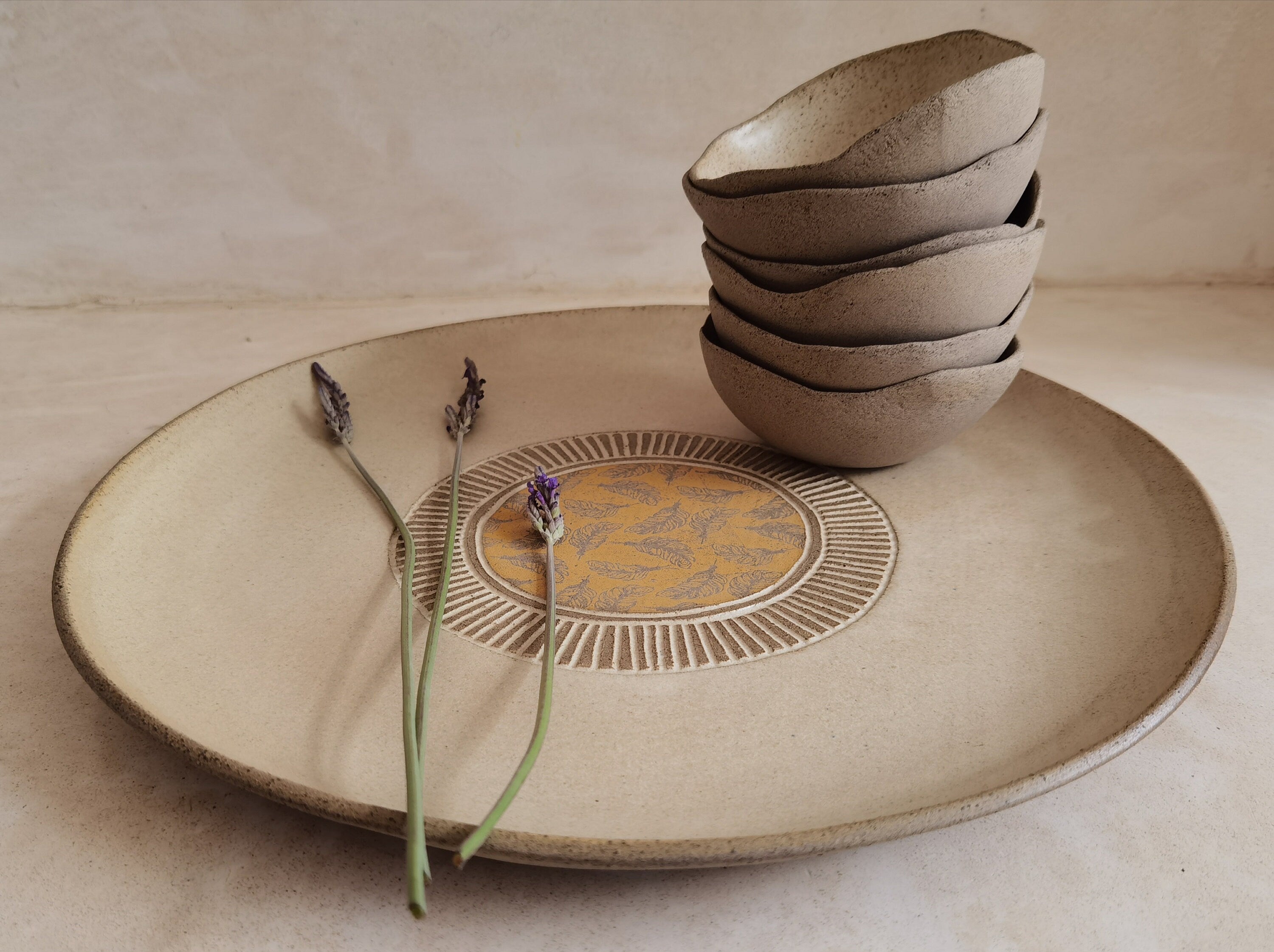 XL Round Passover Plate with 6 Small Bowls | Beige glazed with feathers yellow prints.