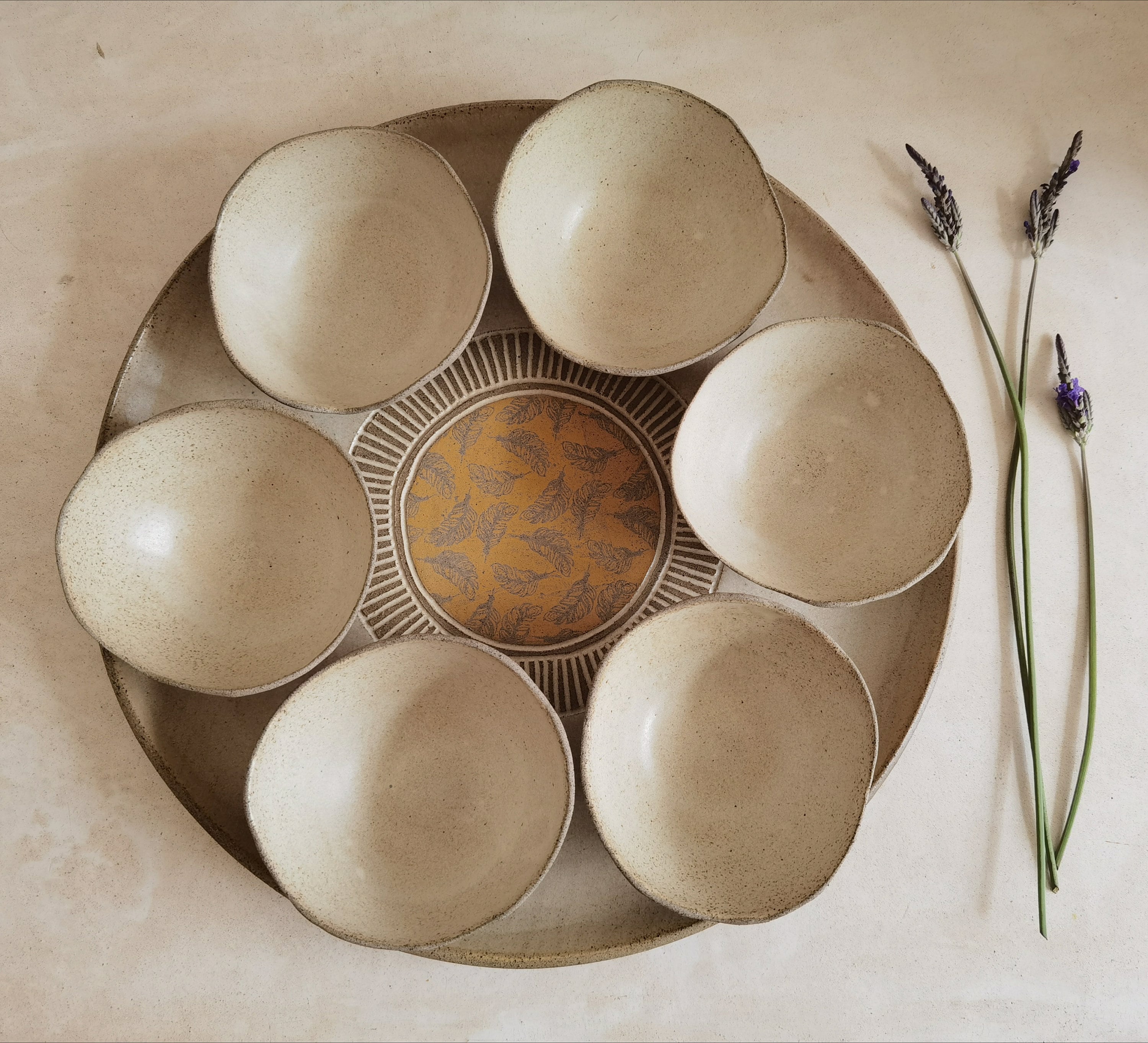 XL Round Passover Plate with 6 Small Bowls | Beige glazed with feathers yellow prints.