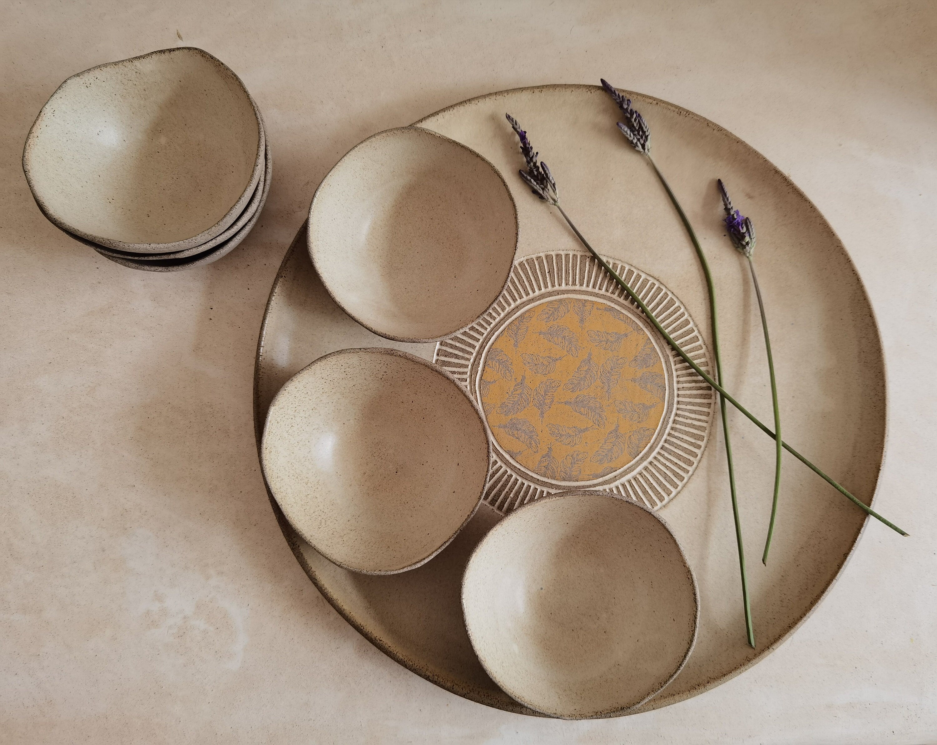 XL Round Passover Plate with 6 Small Bowls | Beige glazed with feathers yellow prints.