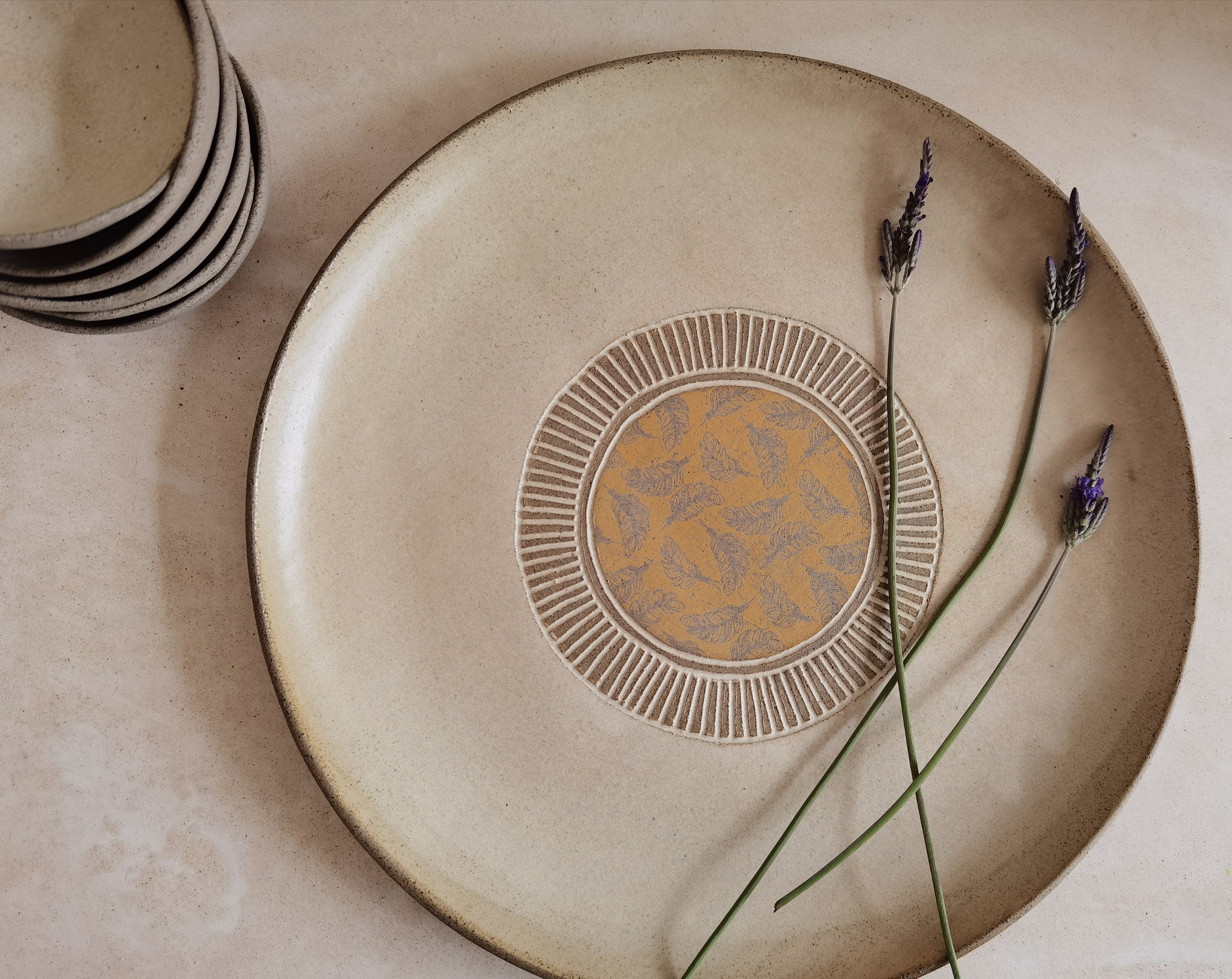 XL Round Passover Plate with 6 Small Bowls | Beige glazed with feathers yellow prints.