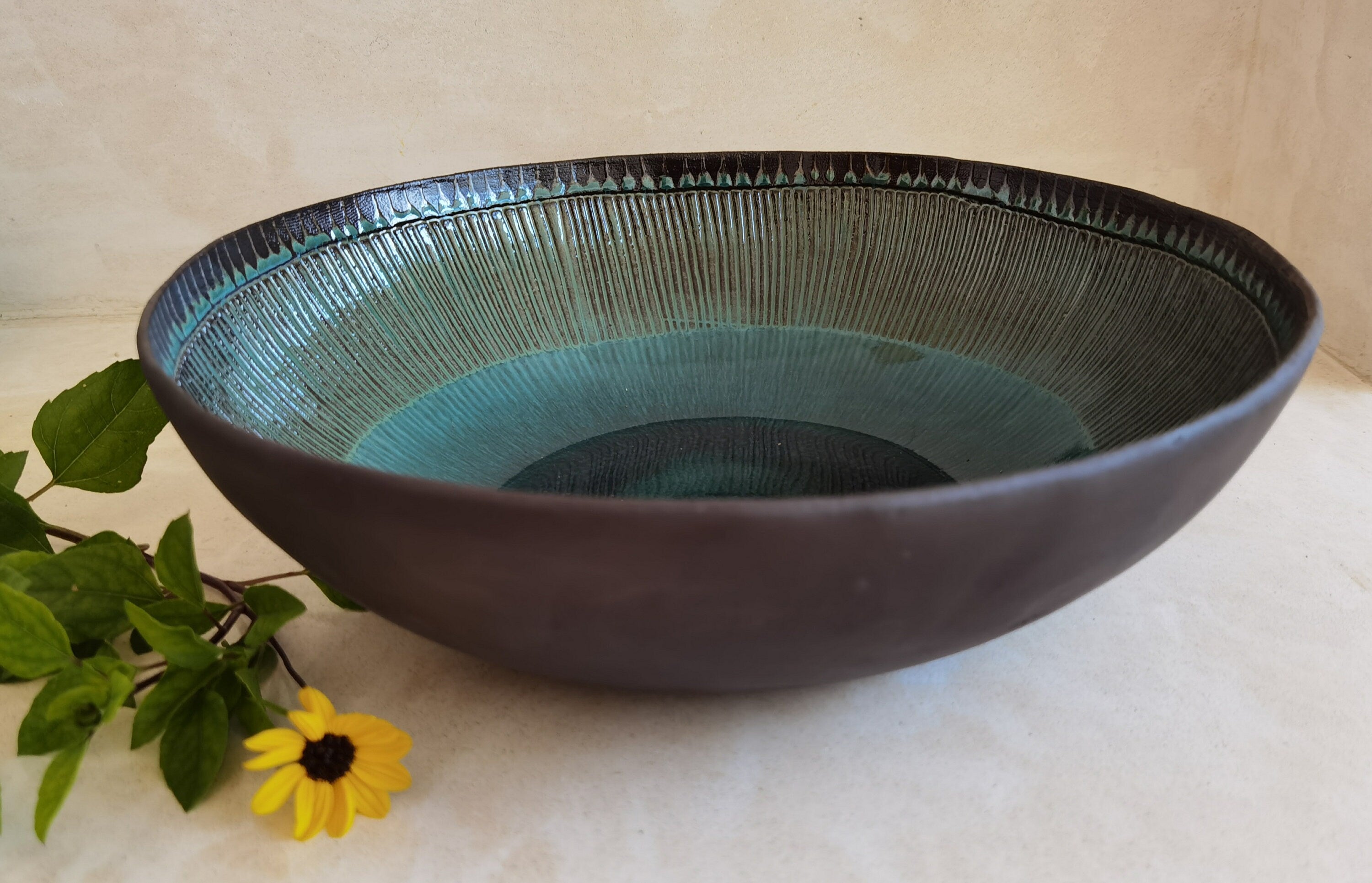 Large Ceramic Serving Bowl: Turquoise Glaze, Hand-Painted Engraved Decor