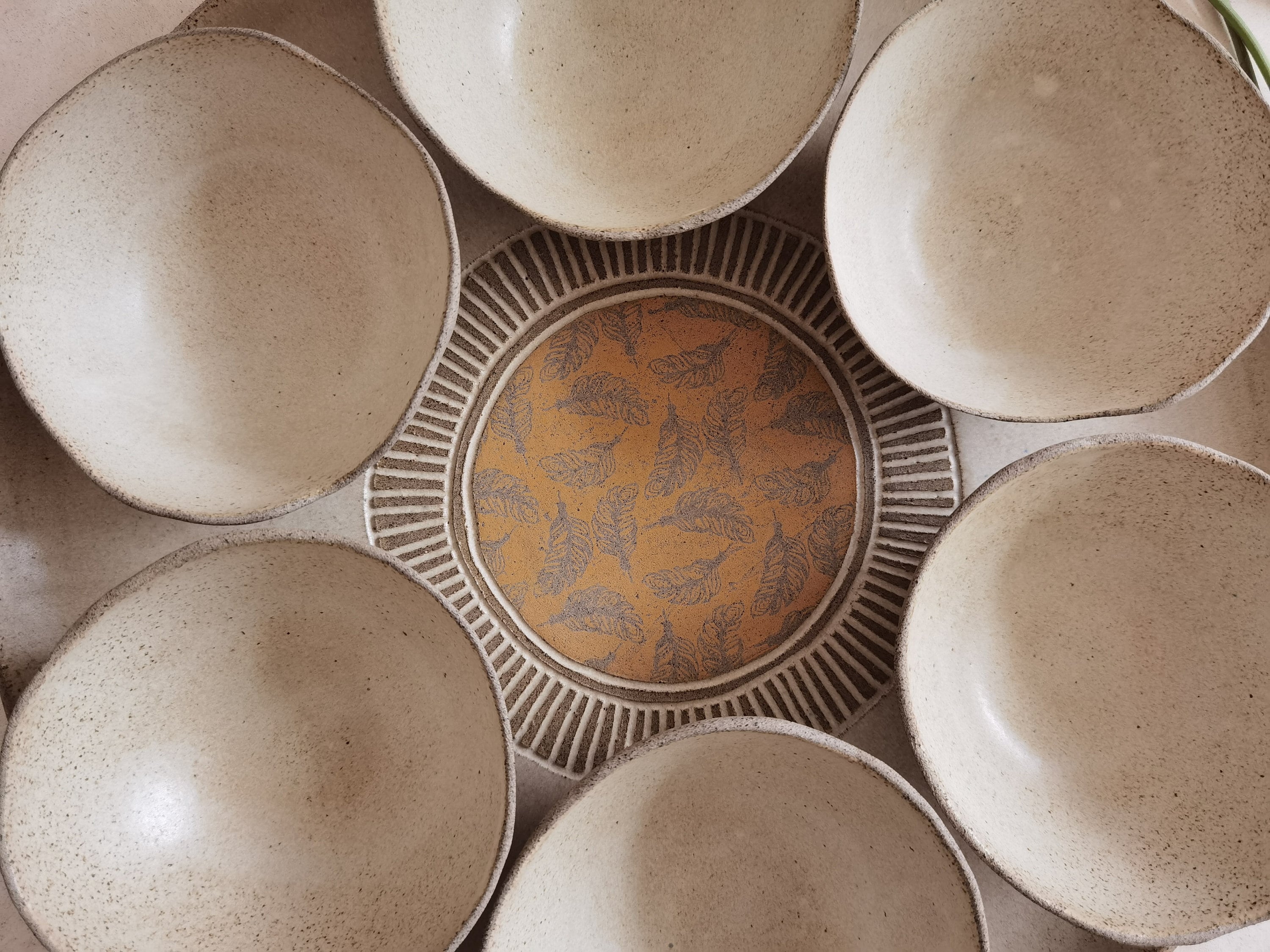 XL Round Passover Plate with 6 Small Bowls | Beige glazed with feathers yellow prints.