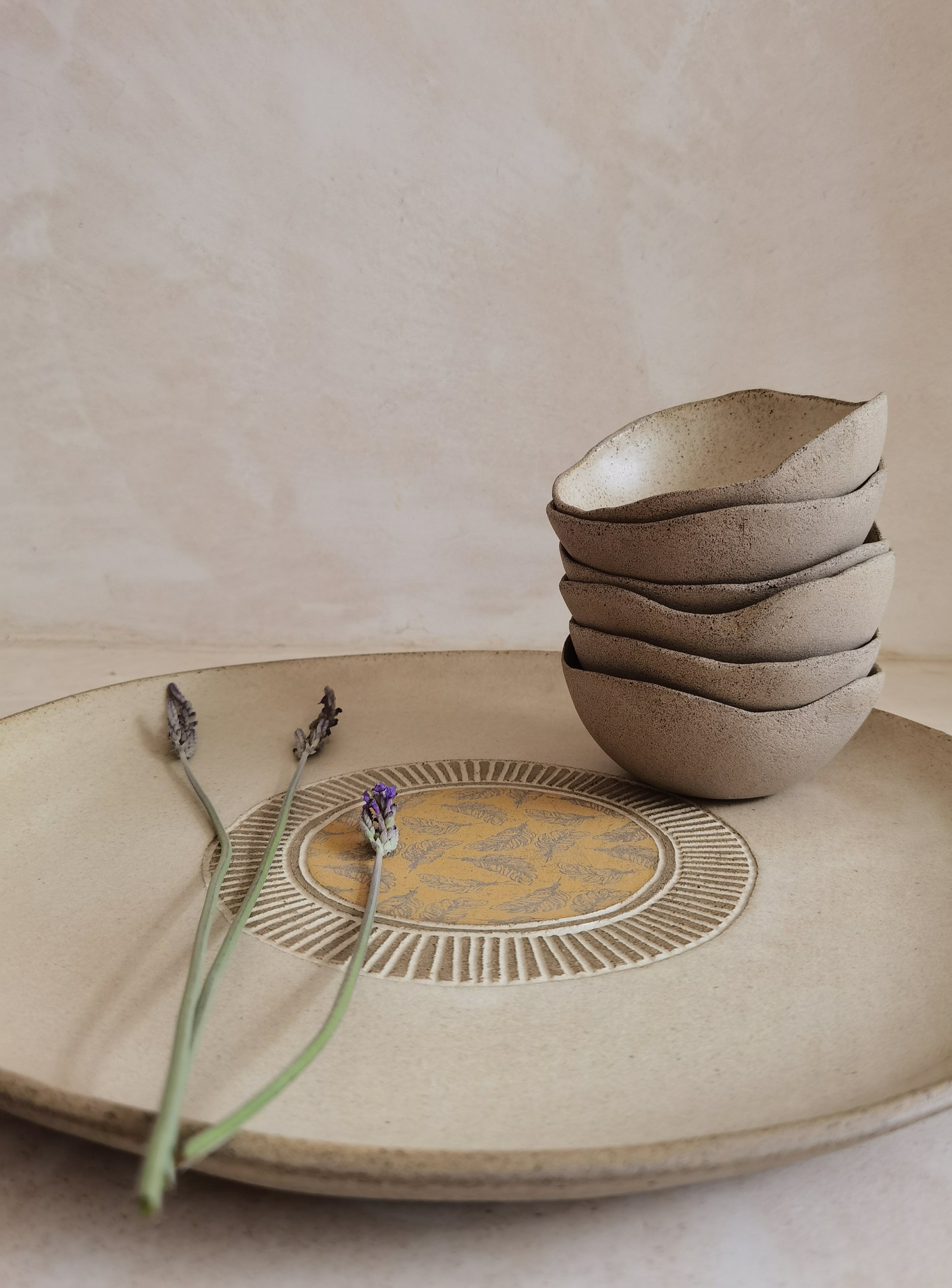 XL Round Passover Plate with 6 Small Bowls | Beige glazed with feathers yellow prints.
