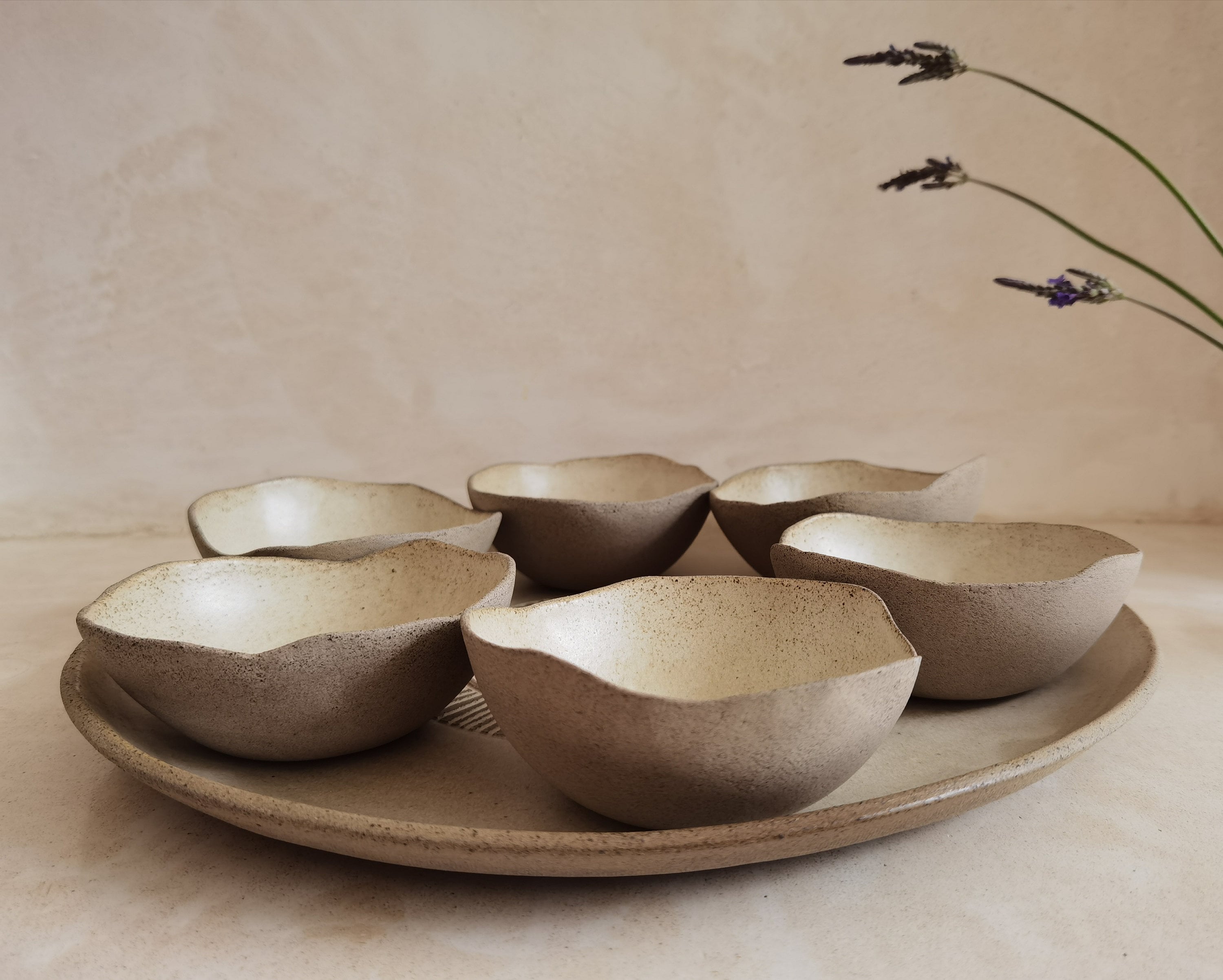 XL Round Passover Plate with 6 Small Bowls | Beige glazed with feathers yellow prints.