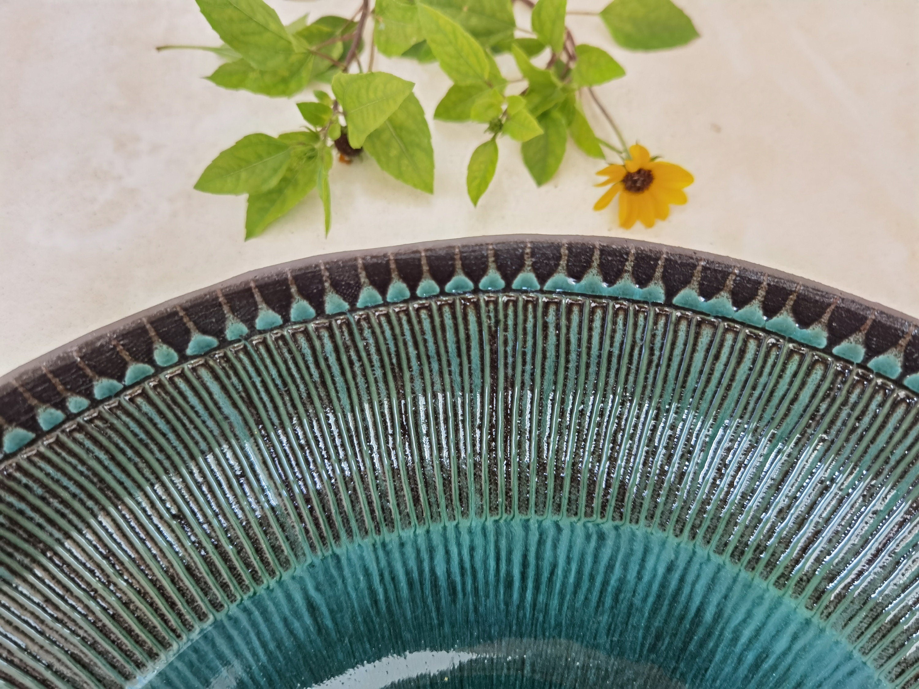 Large Ceramic Serving Bowl: Turquoise Glaze, Hand-Painted Engraved Decor