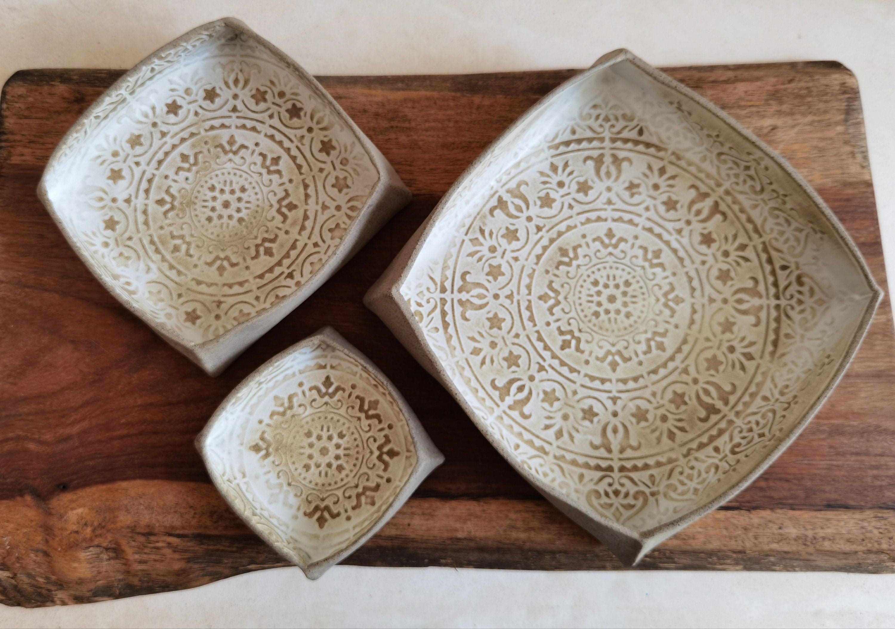 Set of 3 Handmade Ceramic Serving Dishes: Mandala Pottery Trays