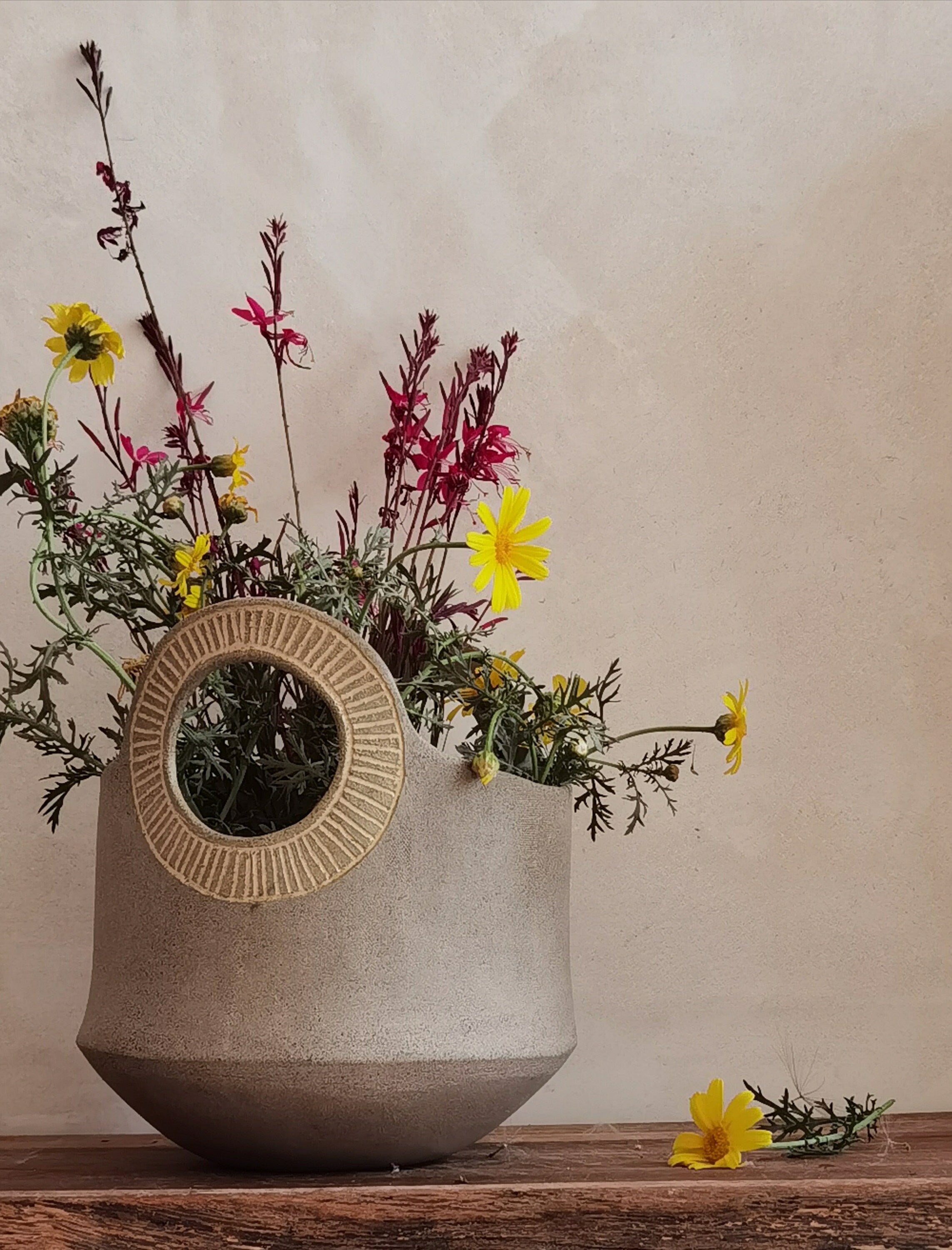 Handmade Ceramic Flower Vase: Light Brown Pottery with Engraved Handles
