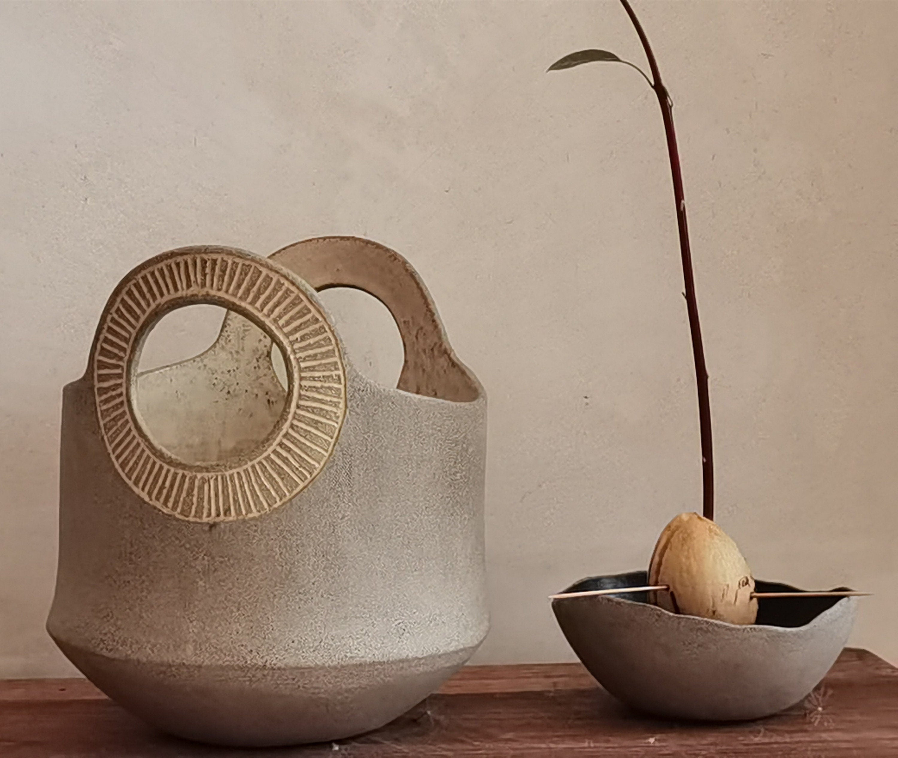 Handmade Ceramic Flower Vase: Light Brown Pottery with Engraved Handles