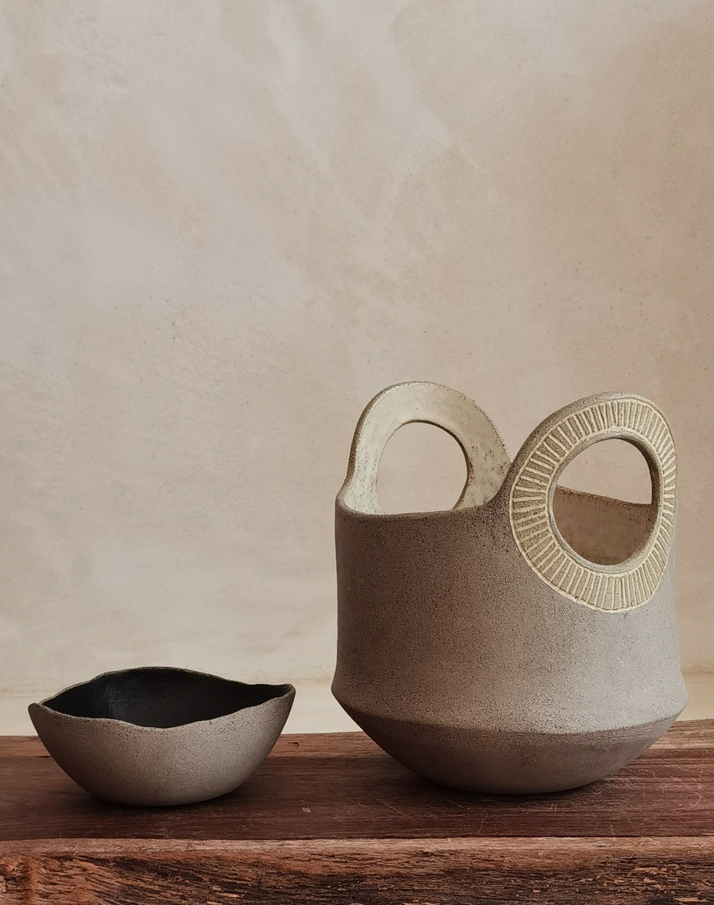 Handmade Ceramic Flower Vase: Light Brown Pottery with Engraved Handles