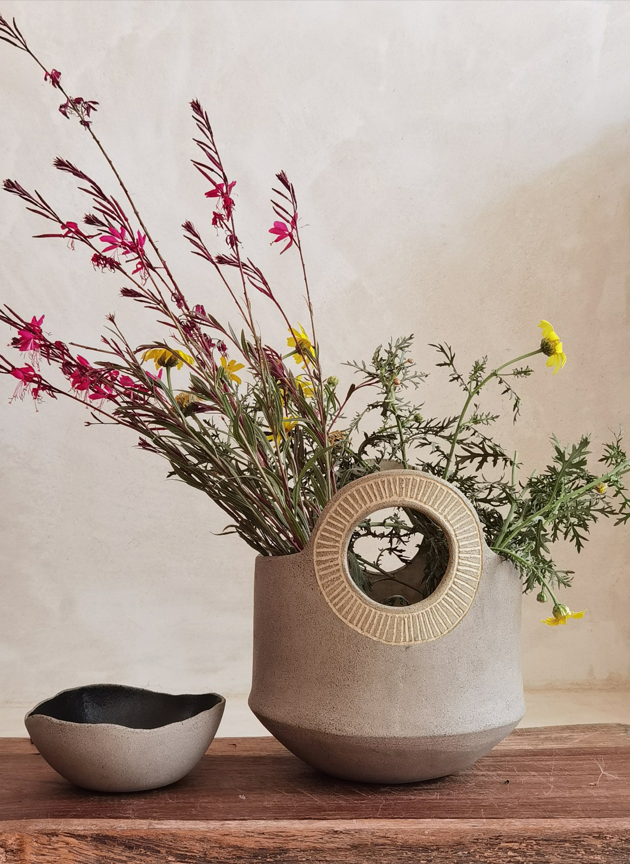 Handmade Ceramic Flower Vase: Light Brown Pottery with Engraved Handles