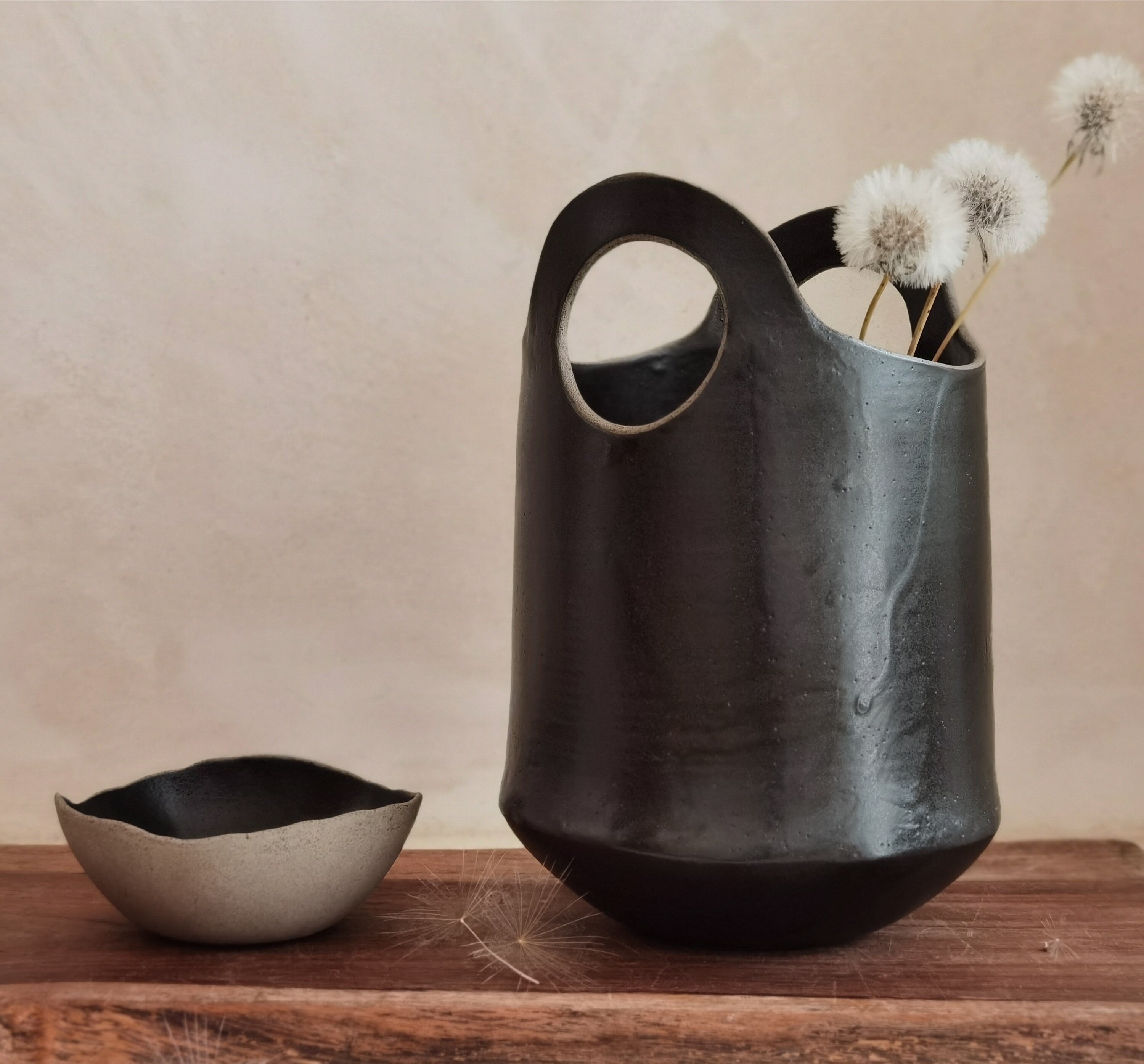 Large Black Ceramic Vase , Tall Pottery Vase with Handles