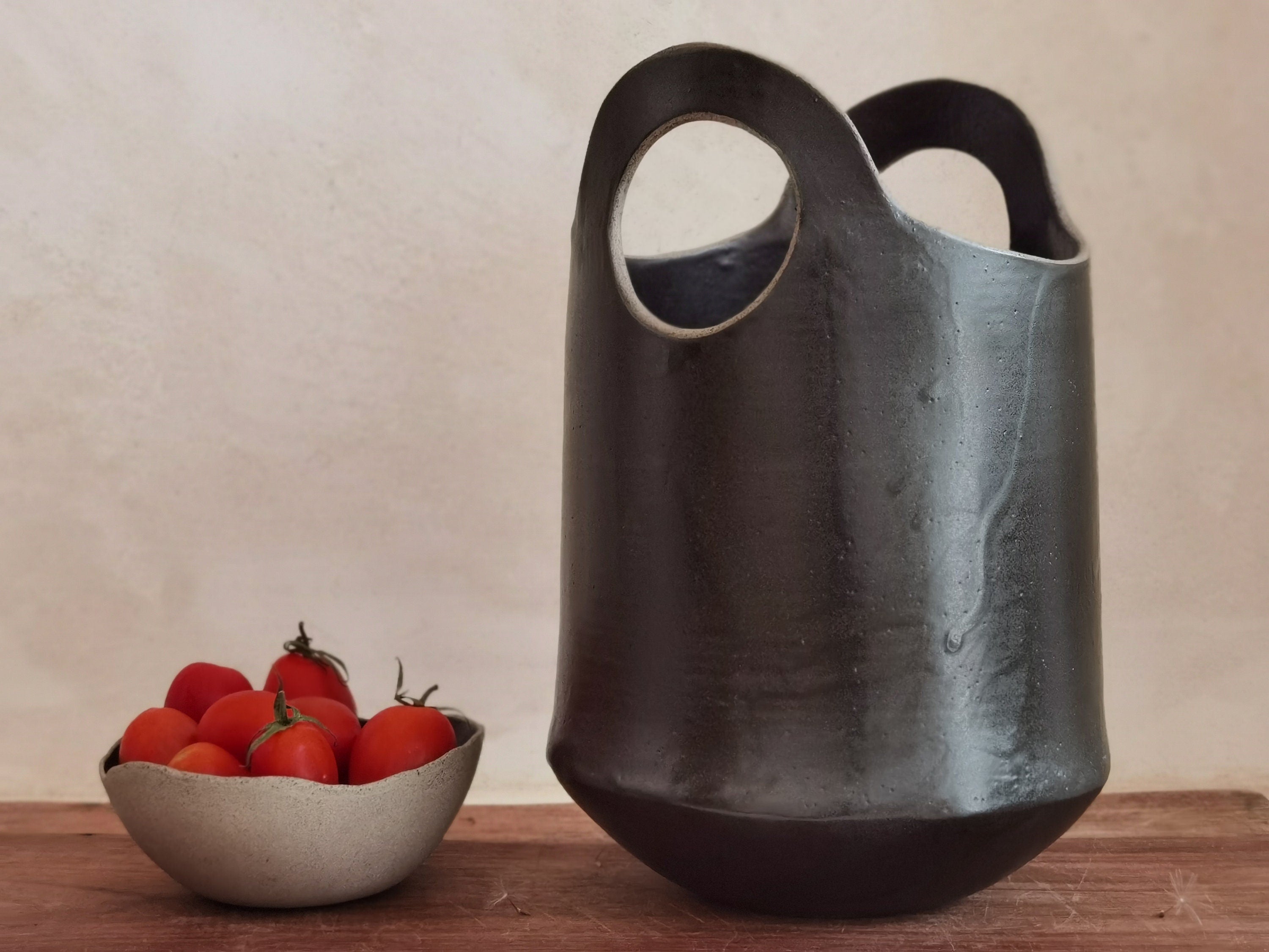 Large Black Ceramic Vase , Tall Pottery Vase with Handles