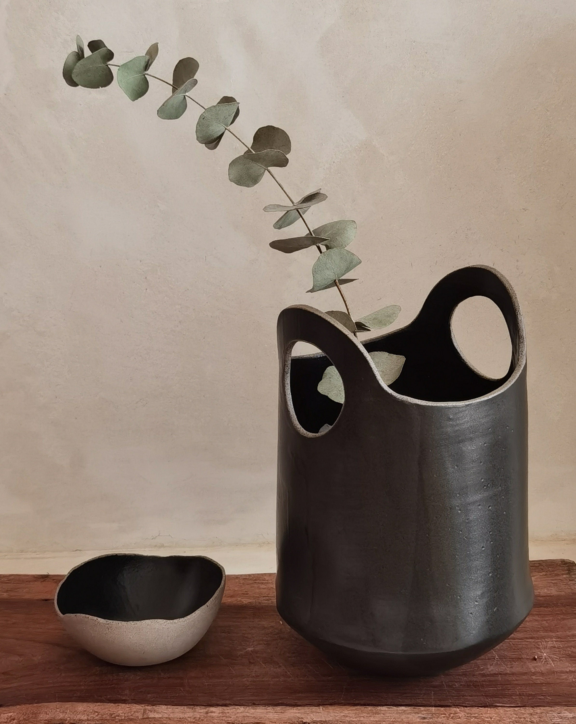 Large Black Ceramic Vase , Tall Pottery Vase with Handles