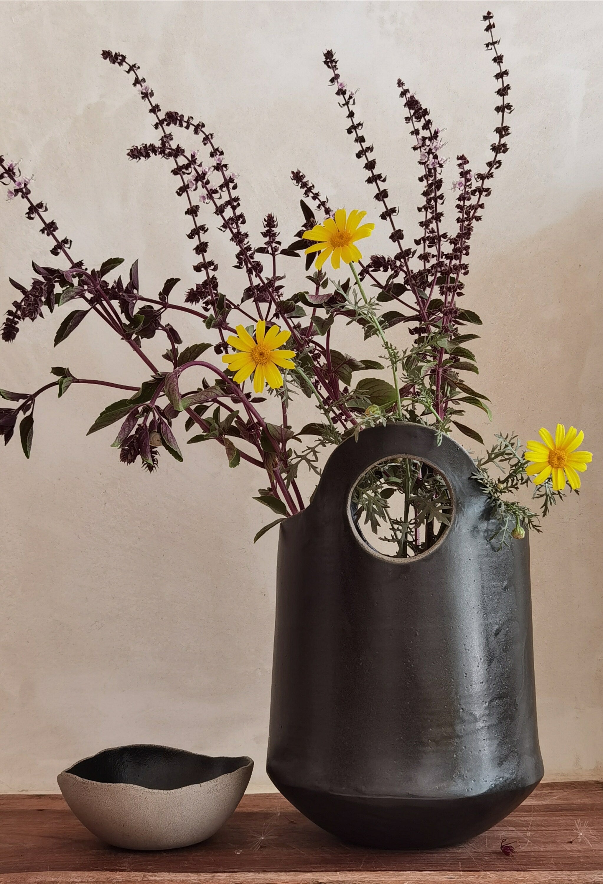 Large Black Ceramic Vase , Tall Pottery Vase with Handles