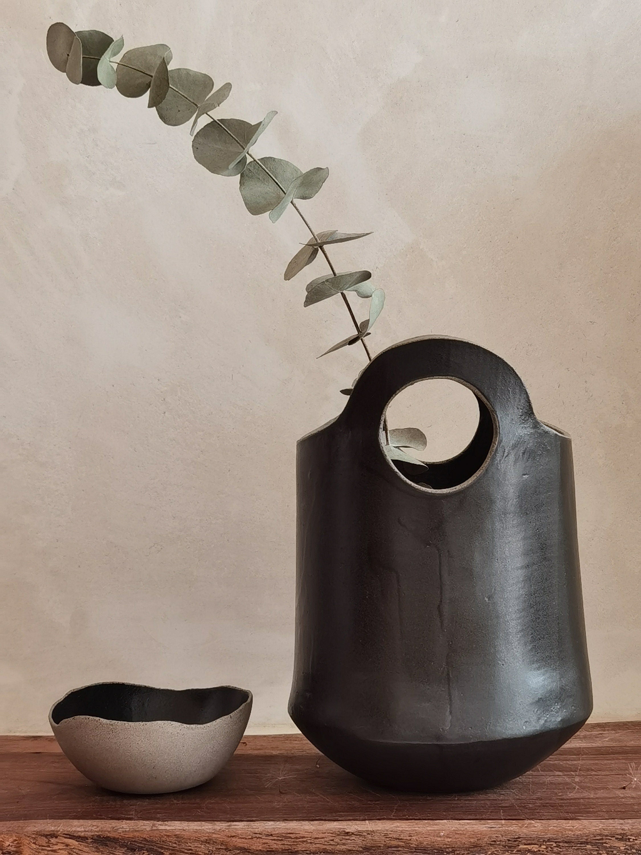 Large Black Ceramic Vase , Tall Pottery Vase with Handles