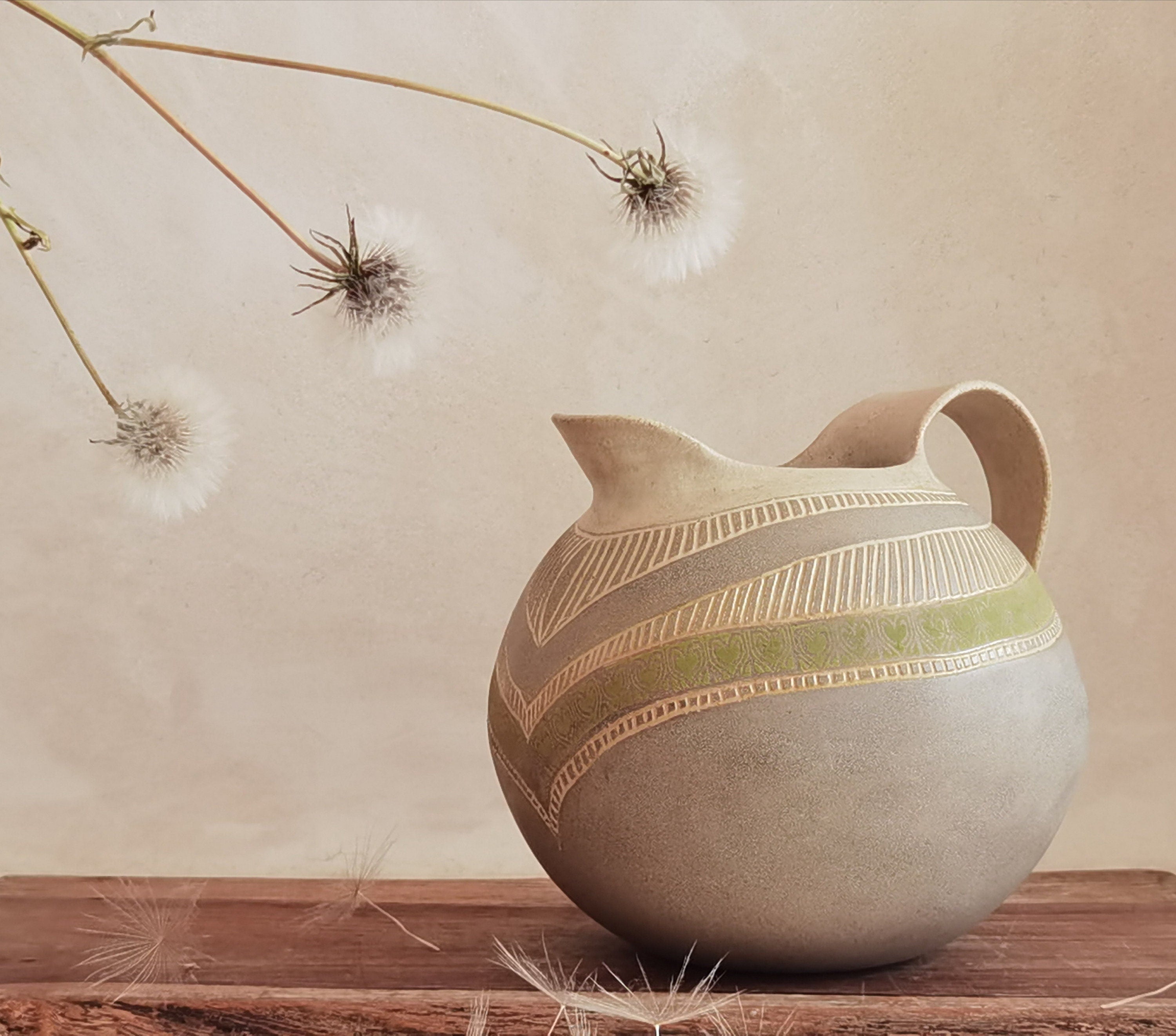 Handmade Ceramic Pitcher: Engraved Stoneware Water Jug