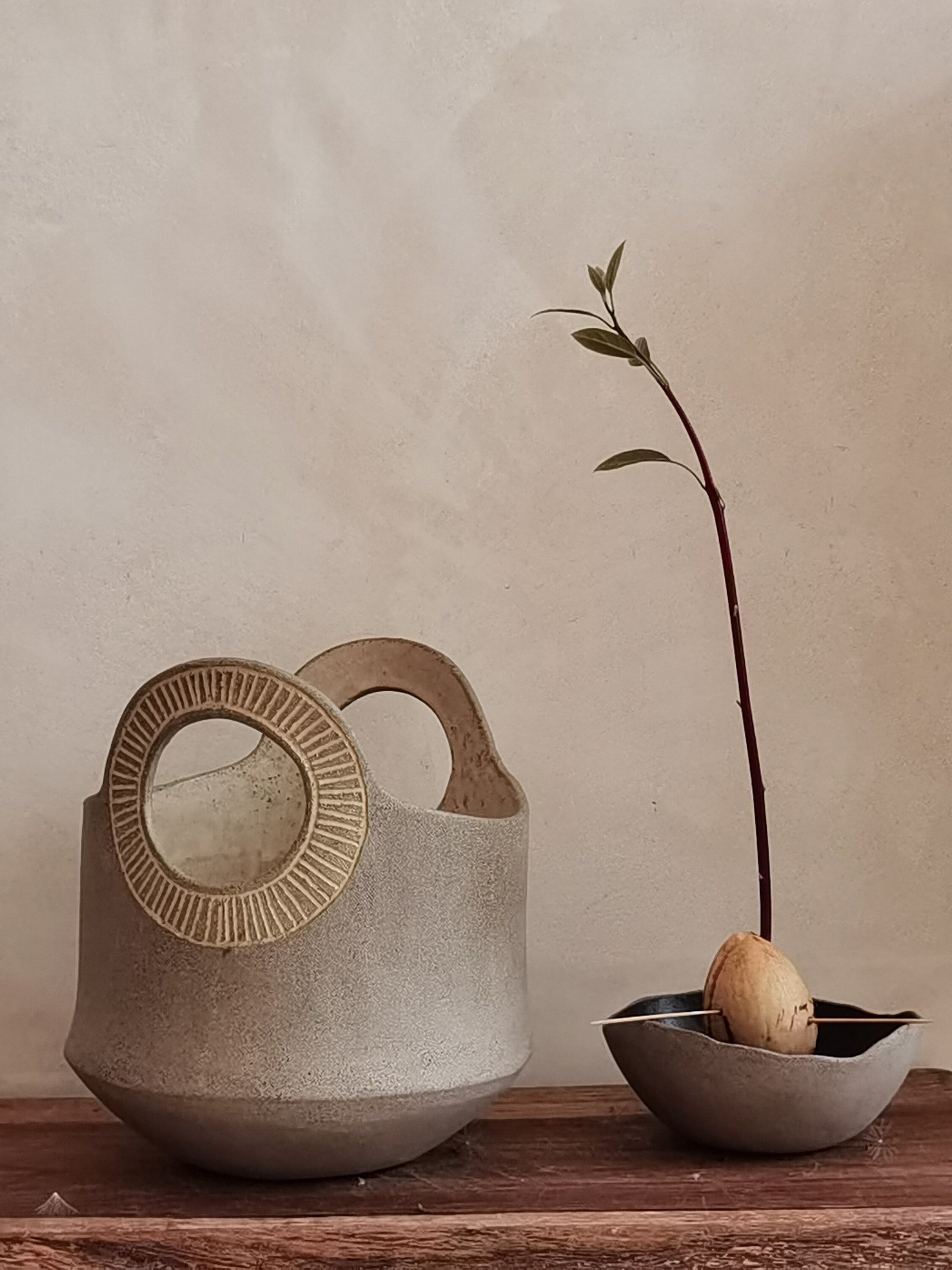 Handmade Ceramic Flower Vase: Light Brown Pottery with Engraved Handles