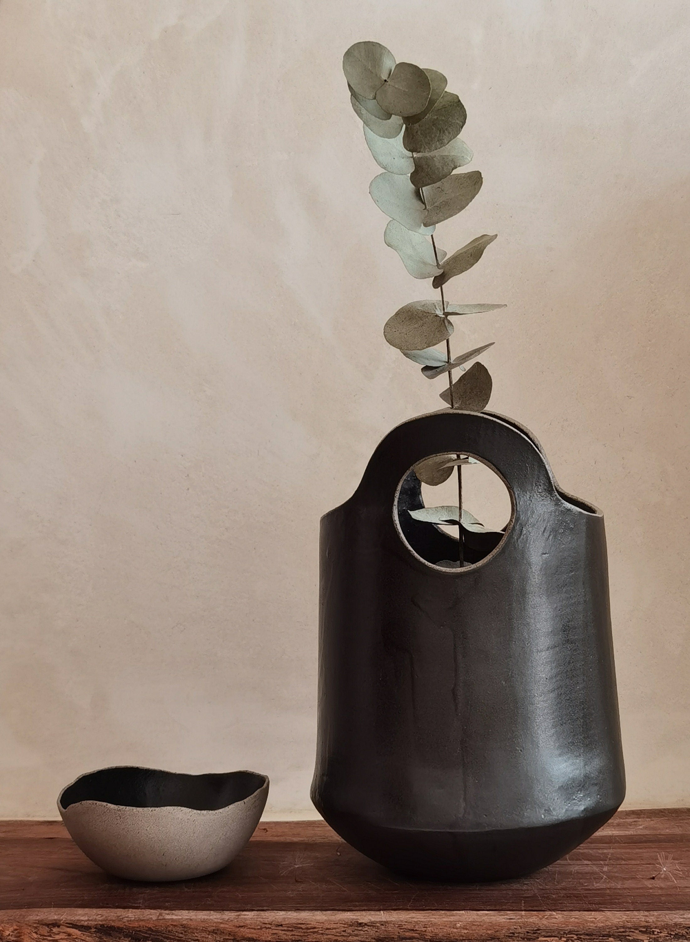 Large Black Ceramic Vase , Tall Pottery Vase with Handles