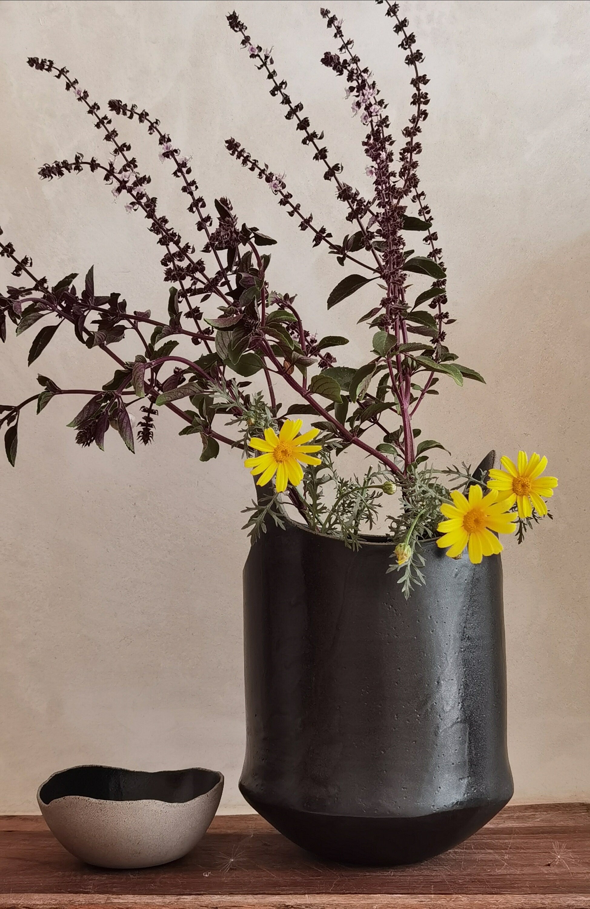 Large Black Ceramic Vase , Tall Pottery Vase with Handles
