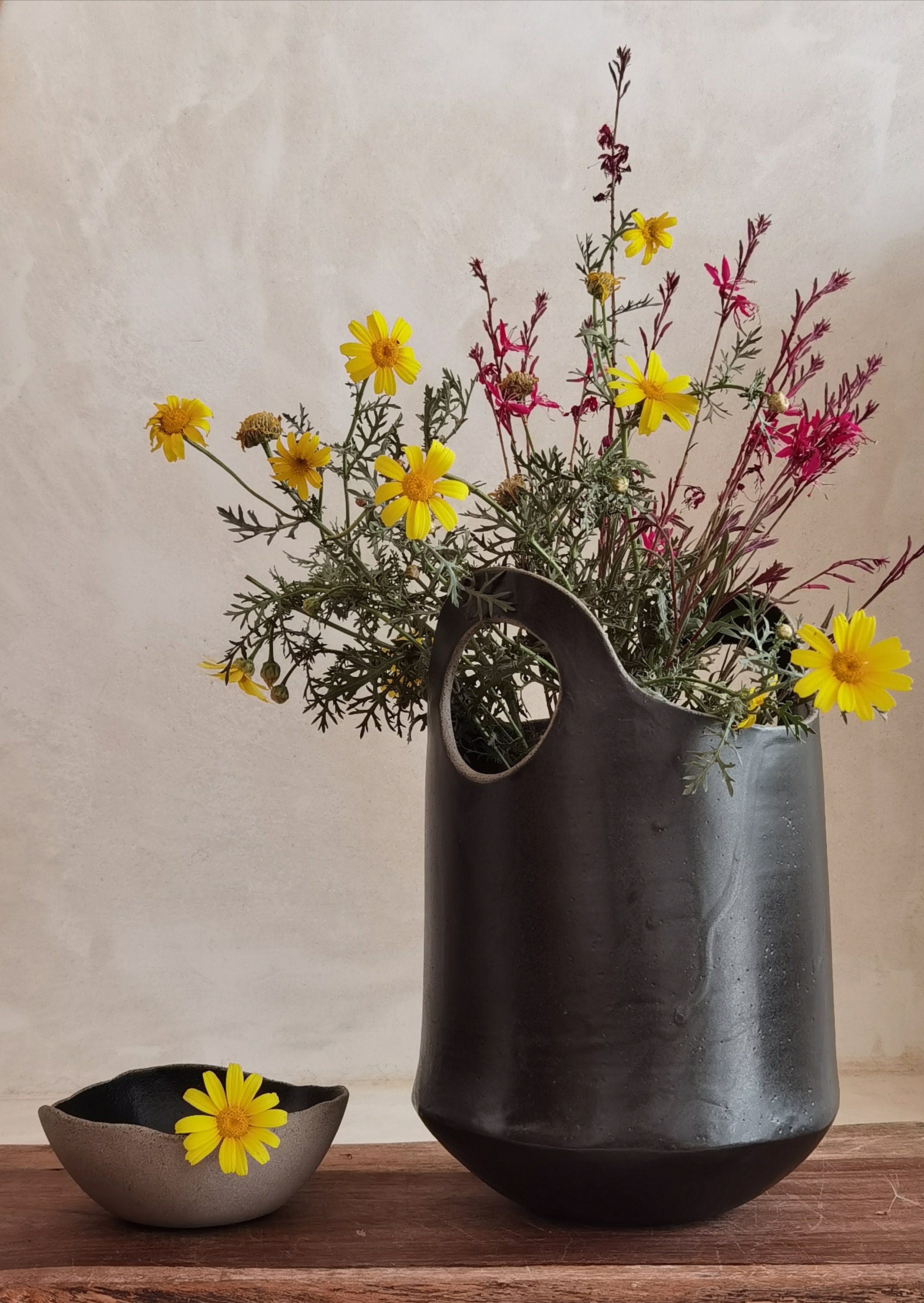 Large Black Ceramic Vase , Tall Pottery Vase with Handles