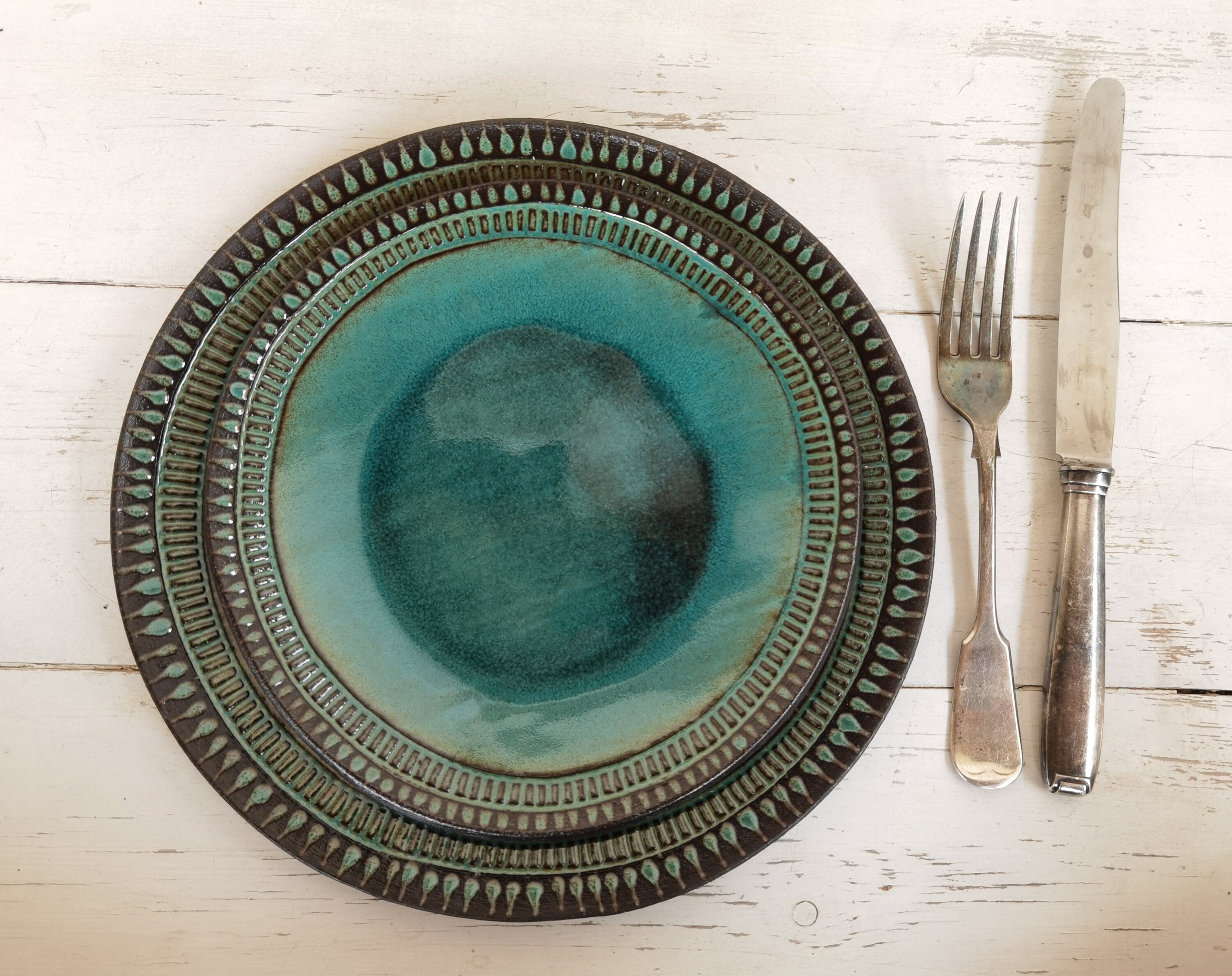 Set of 2  Turquoise Ceramic Plates ,Handmade pottery,  Handmade plate, Round Plater