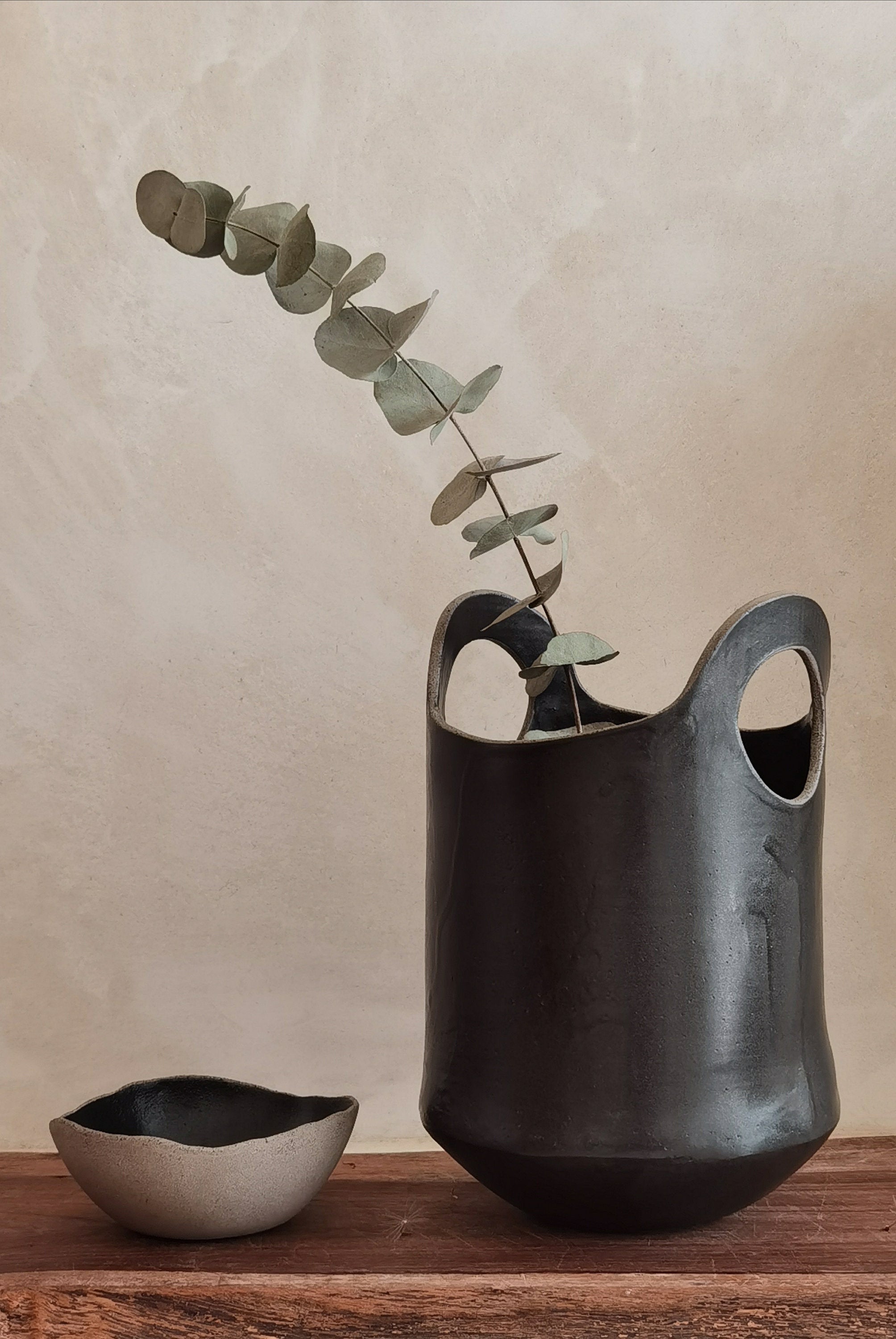 Large Black Ceramic Vase , Tall Pottery Vase with Handles