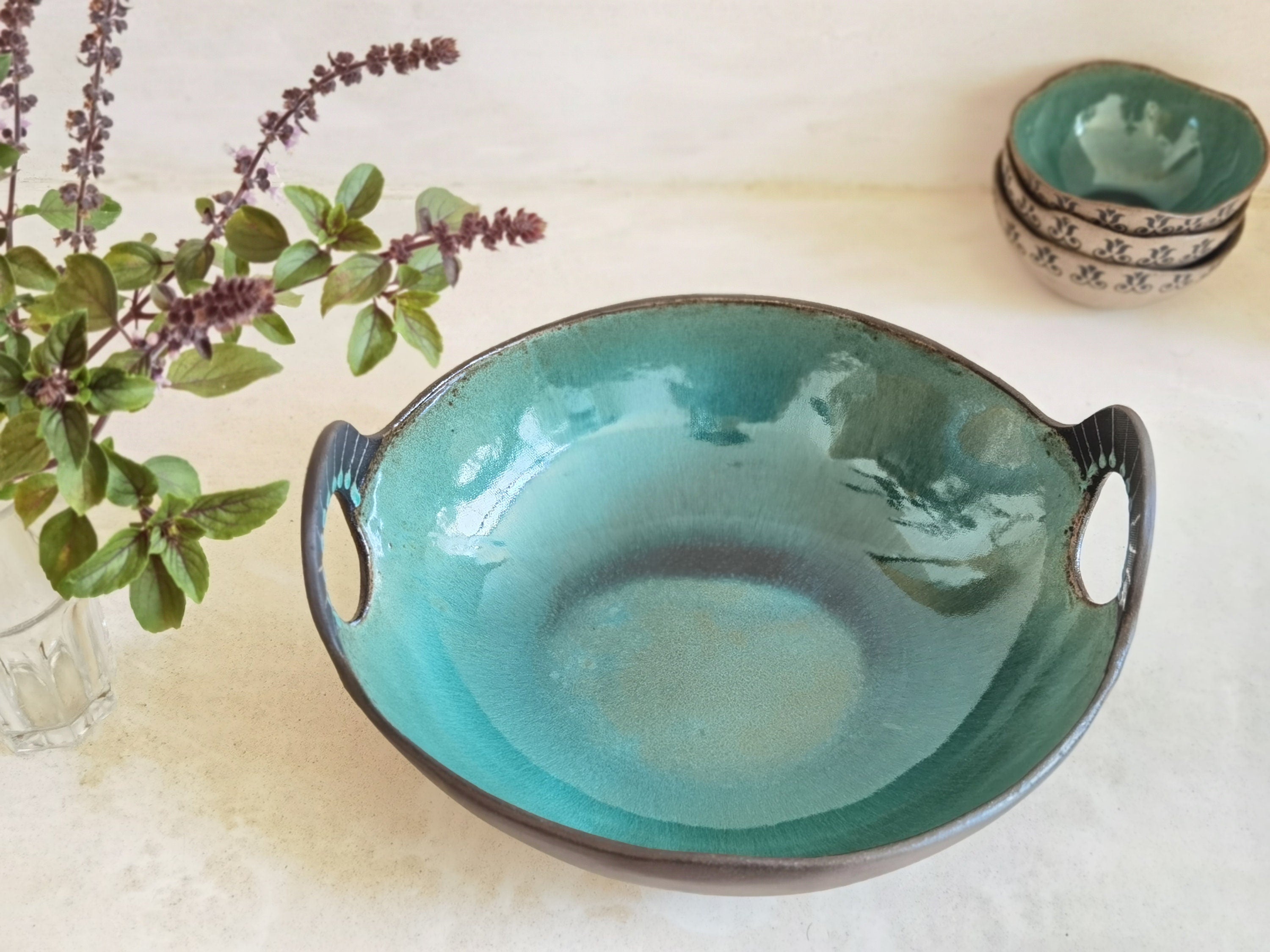 Hand-Painted Ceramic Serving Bowl: Turquoise Glaze, Engraved Handles