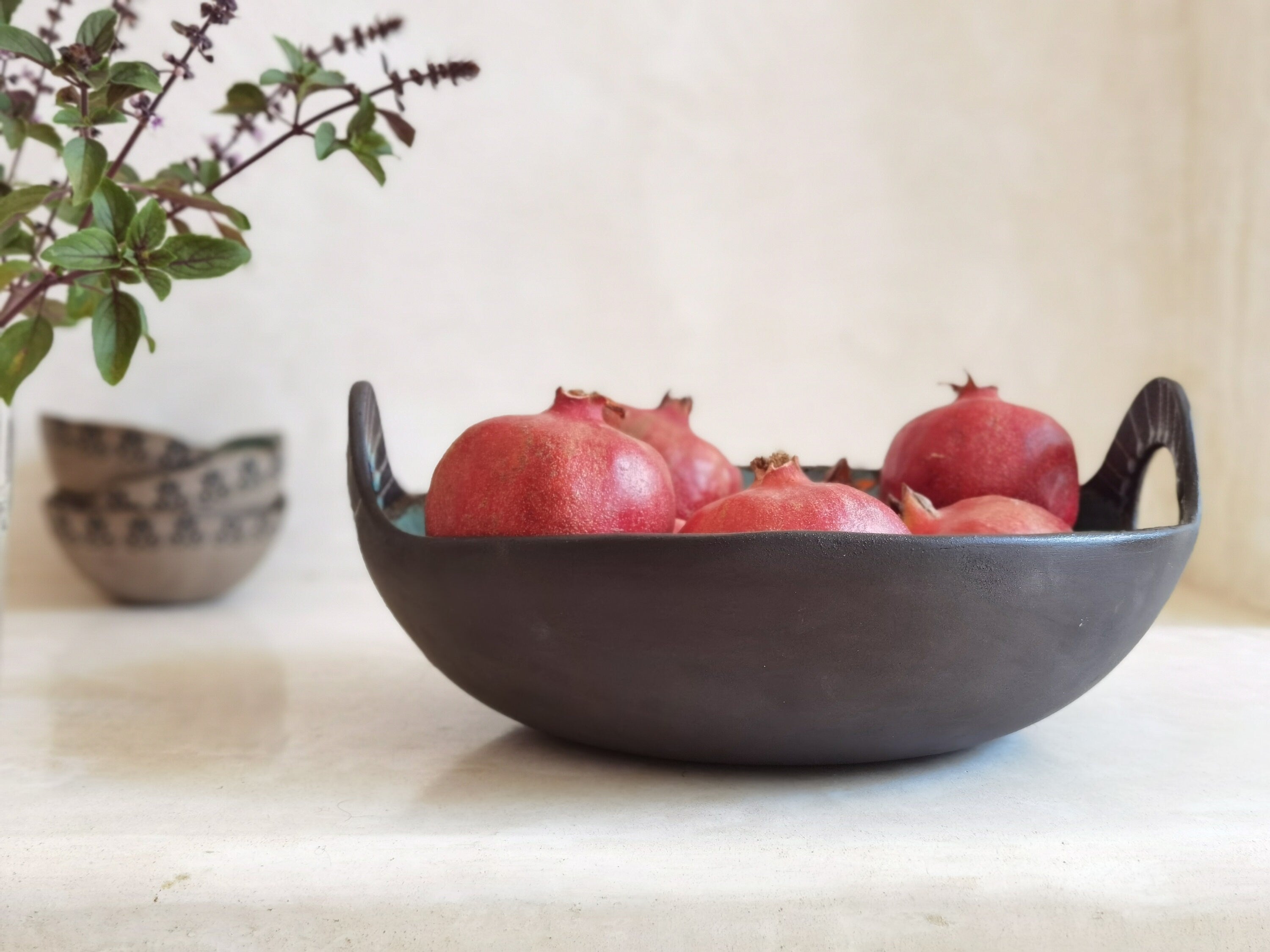 Hand-Painted Ceramic Serving Bowl: Turquoise Glaze, Engraved Handles