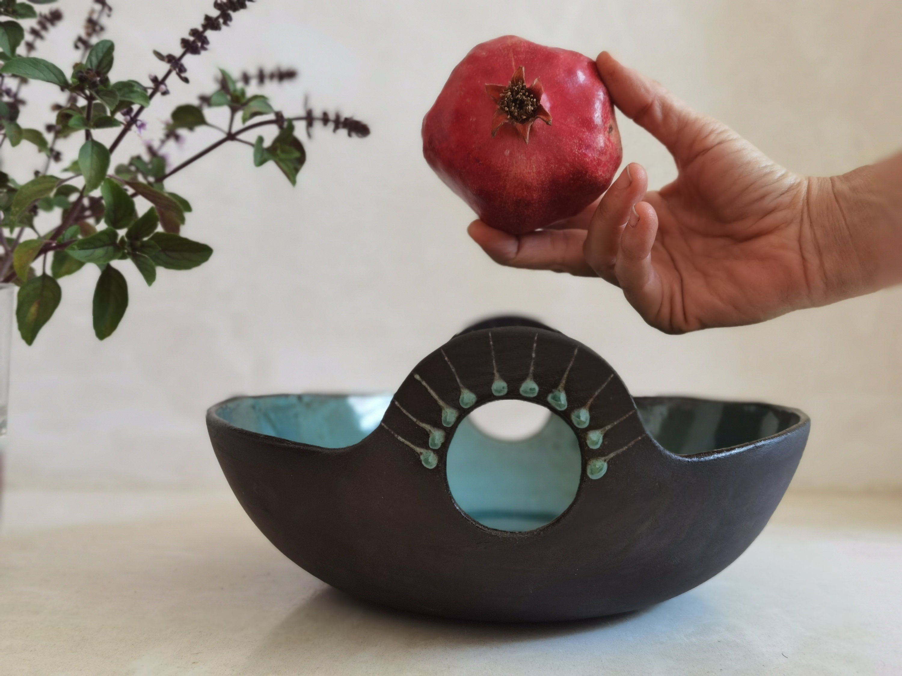 Hand-Painted Ceramic Serving Bowl: Turquoise Glaze, Engraved Handles