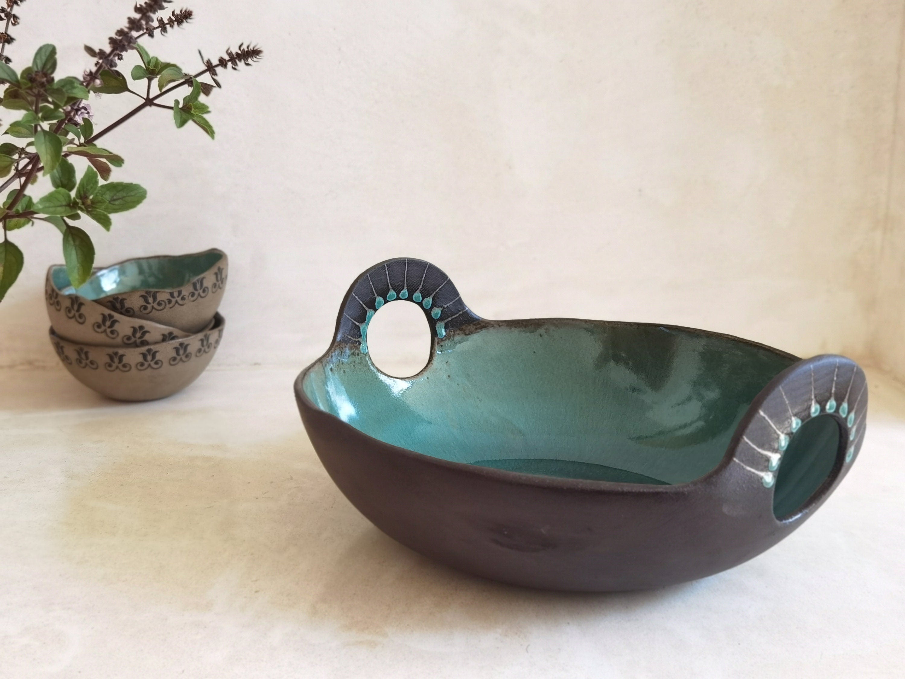 Hand-Painted Ceramic Serving Bowl: Turquoise Glaze, Engraved Handles