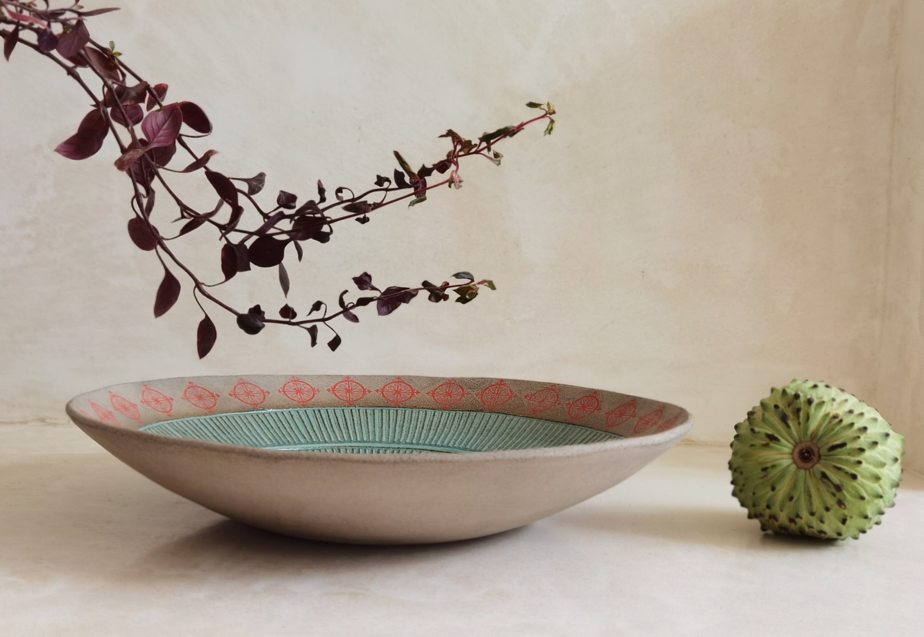 Large Ceramic Salad Bowl: Turquoise Glaze, Red Print, Rustic Serving Dish